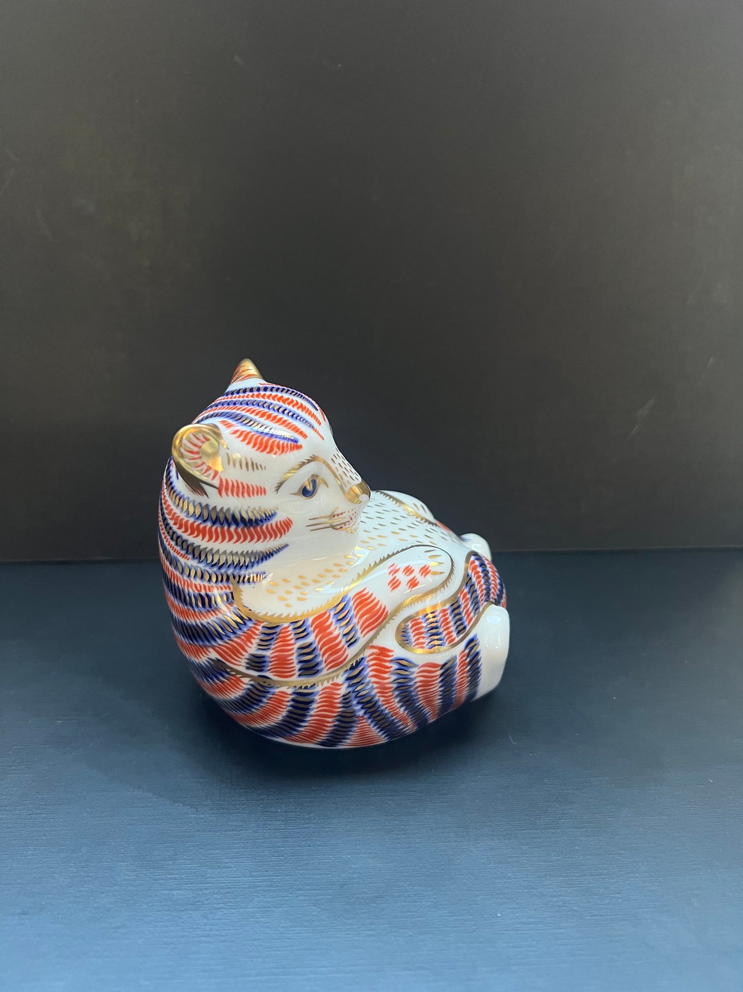 Vintage Royal Crown Derby Cobalt and Gilt Limited Edition Tiger Cub Porcelain Paperweight or Figurine