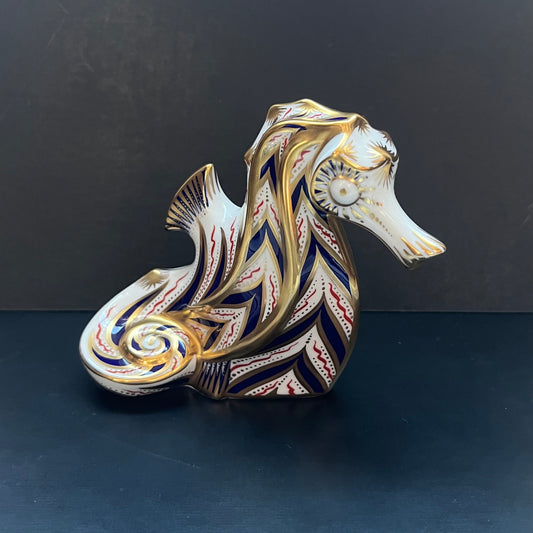 Vintage Royal Crown Derby Cobalt and Gilt Limited Edition Seahorse Porcelain Paperweight or Figurine