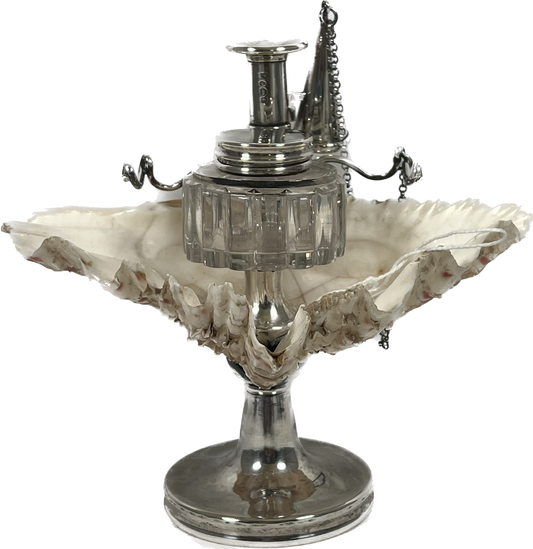 Exceptional William IV Sterling Silver and Shell travelling Inkwell, hallmarks for T.D, London 1834.