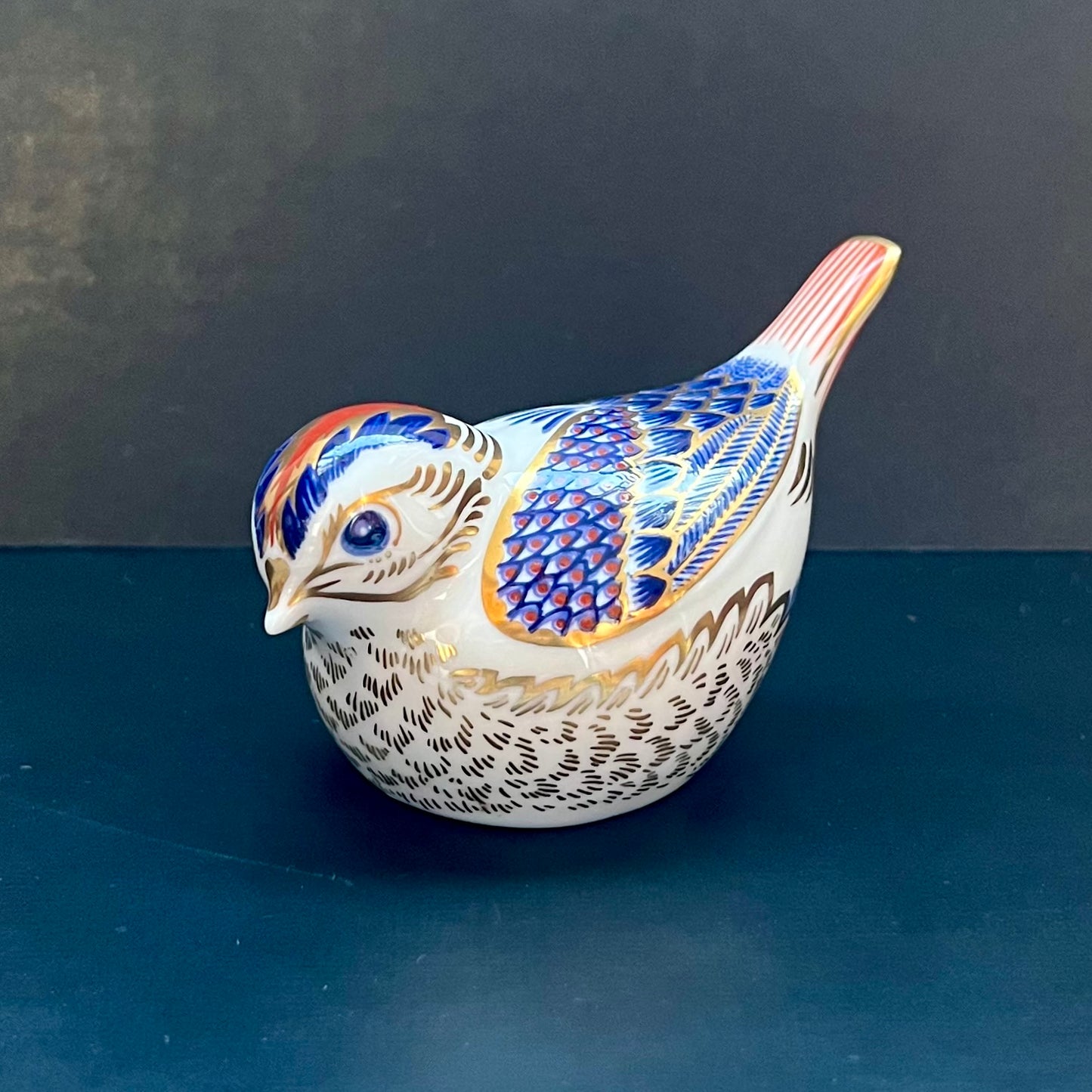Vintage Royal Crown Derby Cobalt and Gilt Limited Edition Goldcrest Bird Porcelain Paperweight or Figurine