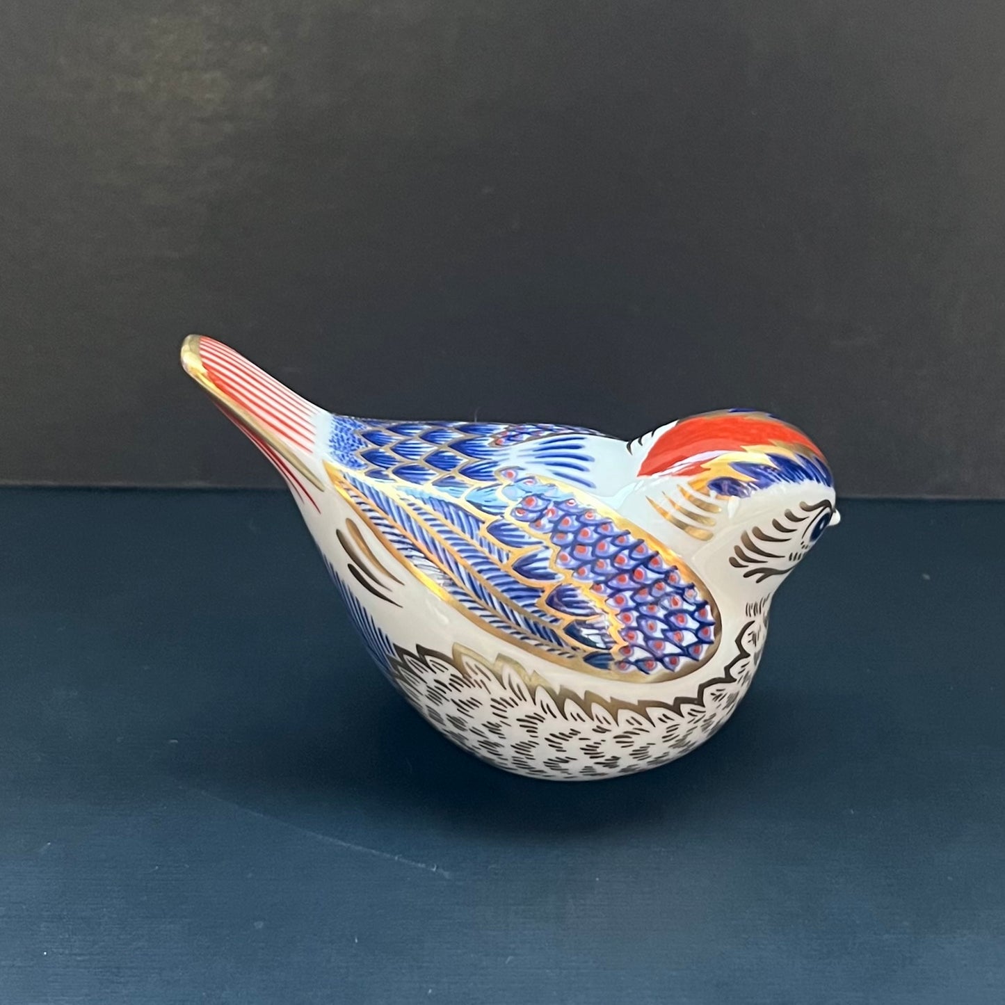 Vintage Royal Crown Derby Cobalt and Gilt Limited Edition Goldcrest Bird Porcelain Paperweight or Figurine