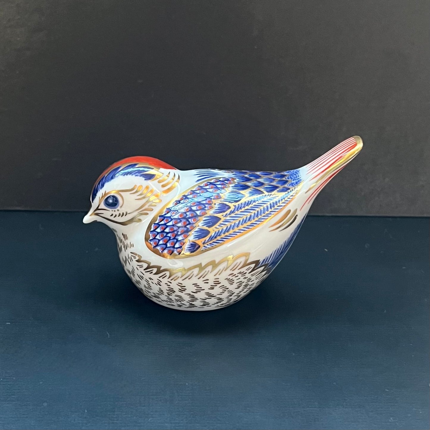 Vintage Royal Crown Derby Cobalt and Gilt Limited Edition Goldcrest Bird Porcelain Paperweight or Figurine