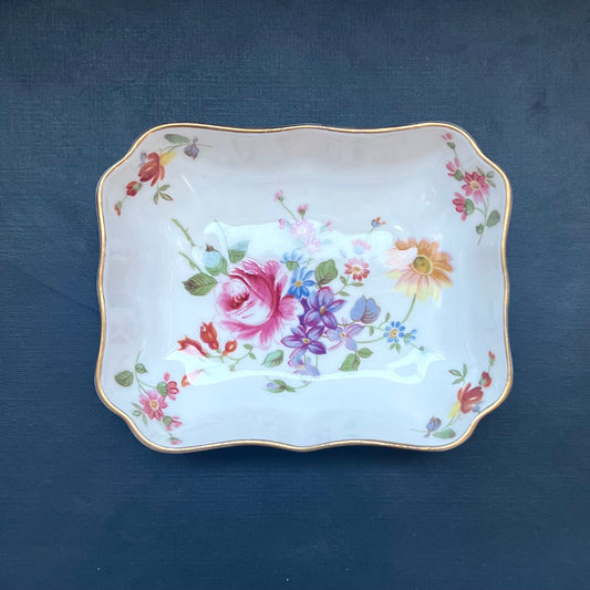 Midcentury vintage Royal Crown Derby handpainted porcelain trinket dish, floral "Derby Posies" pattern
