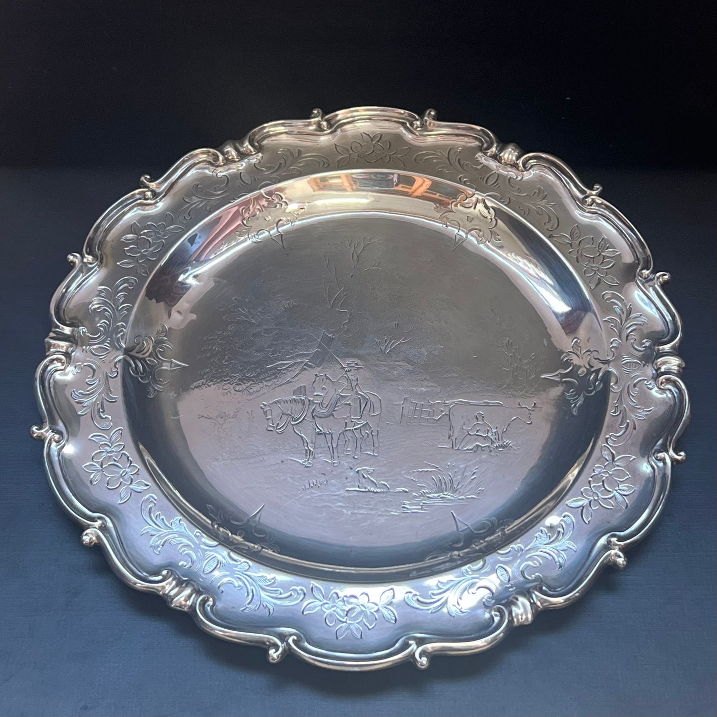 High Victorian sterling silver salver with pastoral scene, London, Edward, John & William Barnard circa 1846-1851