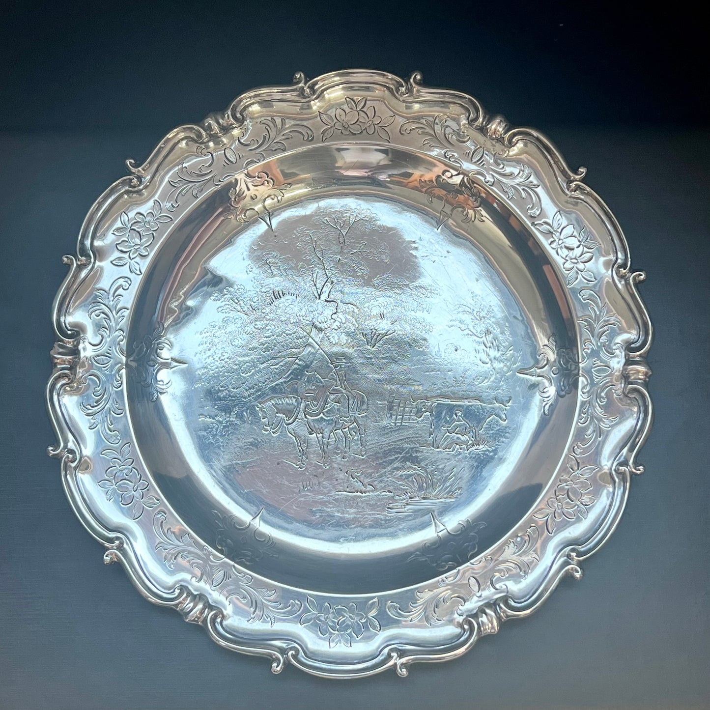 High Victorian sterling silver salver with pastoral scene, London, Edward, John & William Barnard circa 1846-1851