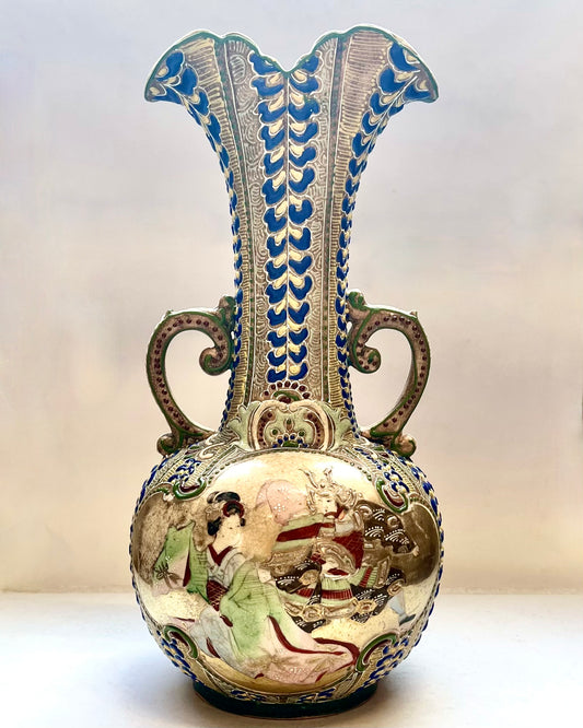 Antique Meiji Period Moriage Satsuma Green Glaze Vase