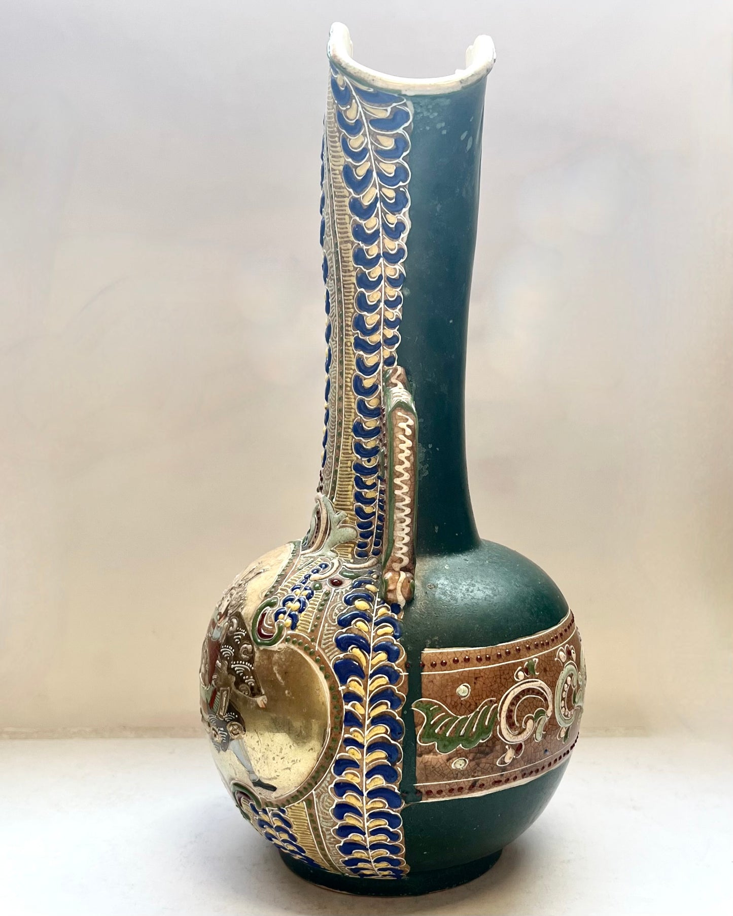 Antique Meiji Period Moriage Satsuma Green Glaze Vase