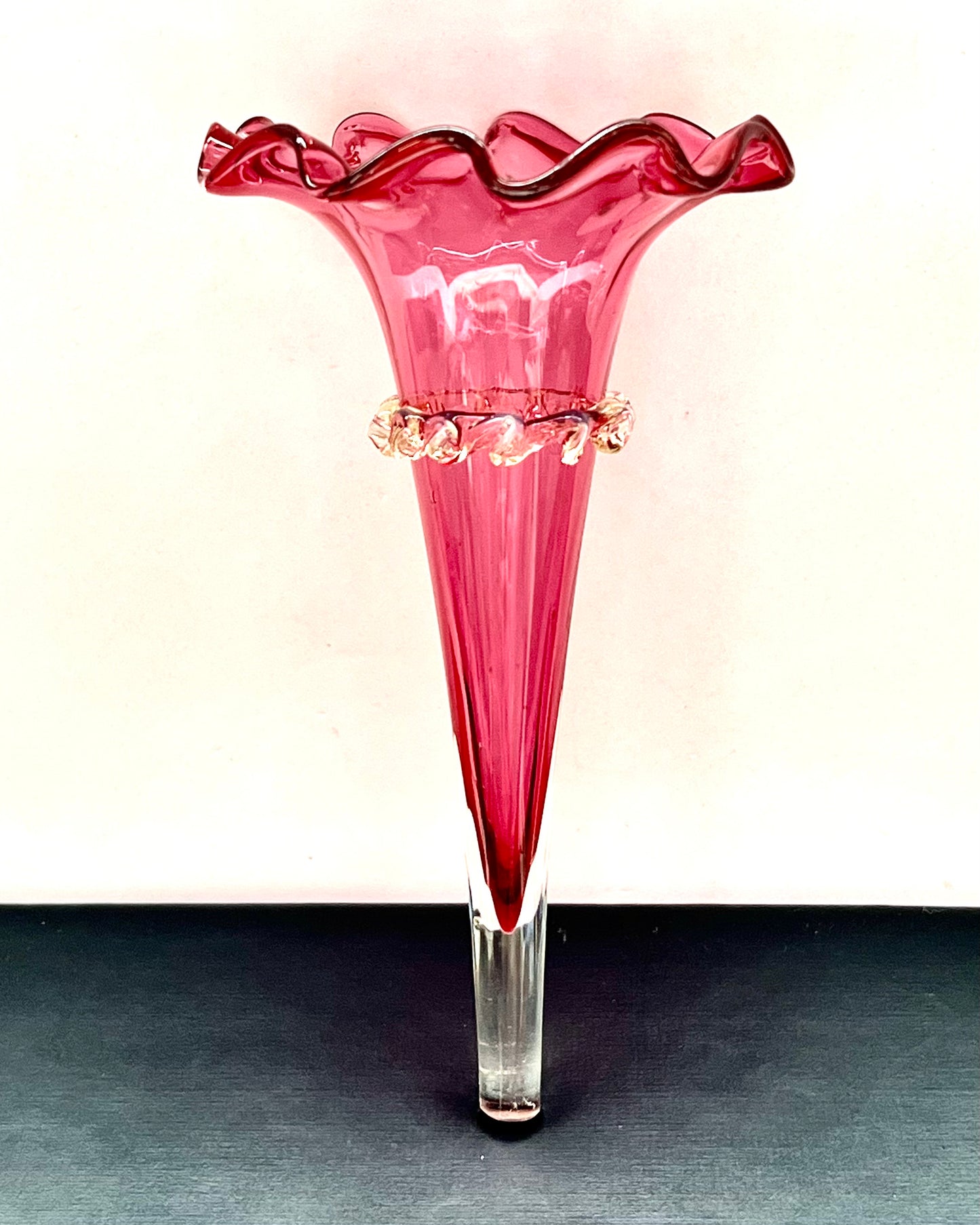 Pair of antique Edwardian cranberry glass epergnes with sterling silver bases