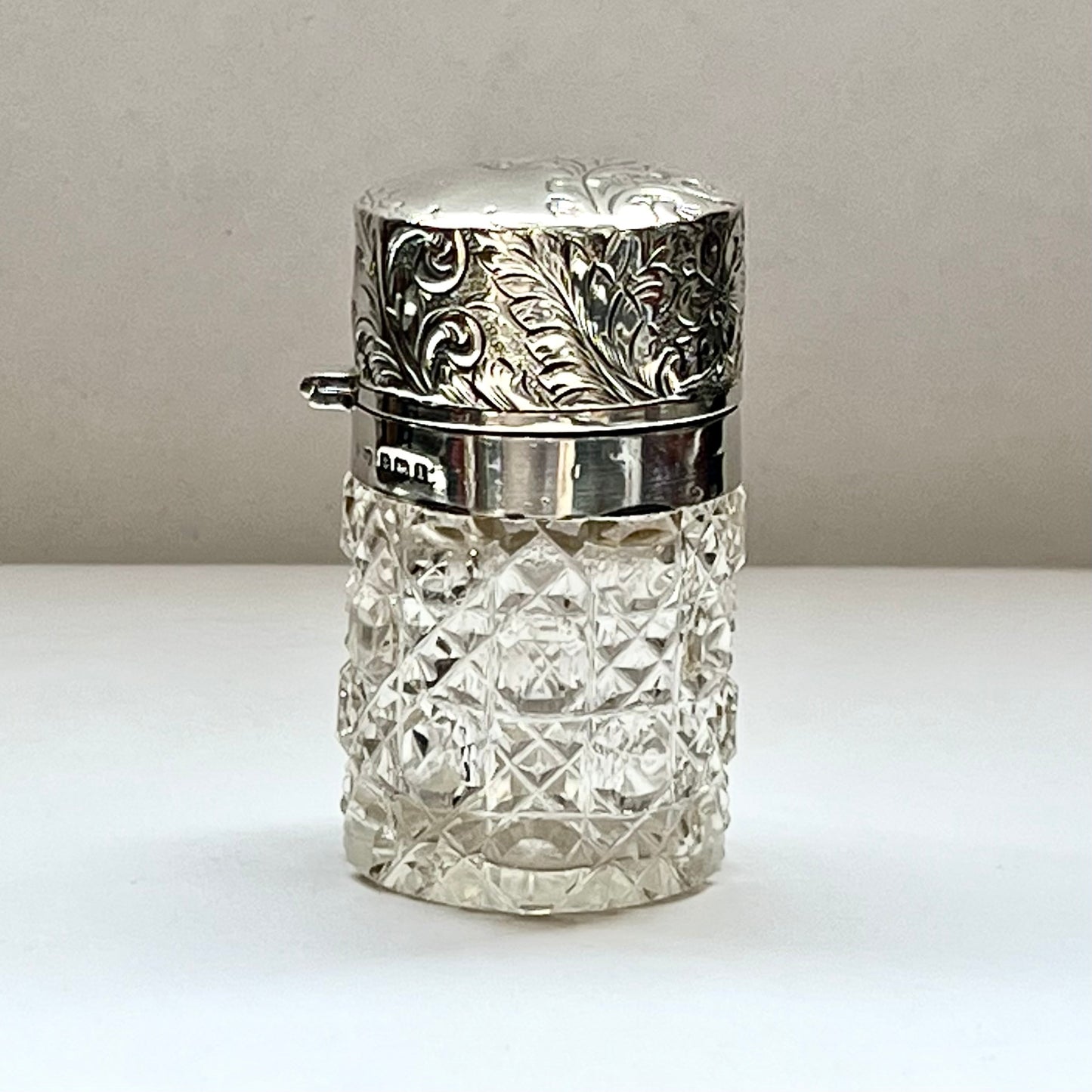 Antique Edwardian cut glass and sterling silver scent bottle, London 1910