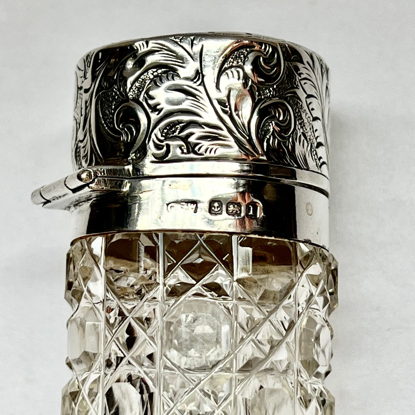 Antique Edwardian cut glass and sterling silver scent bottle, London 1910