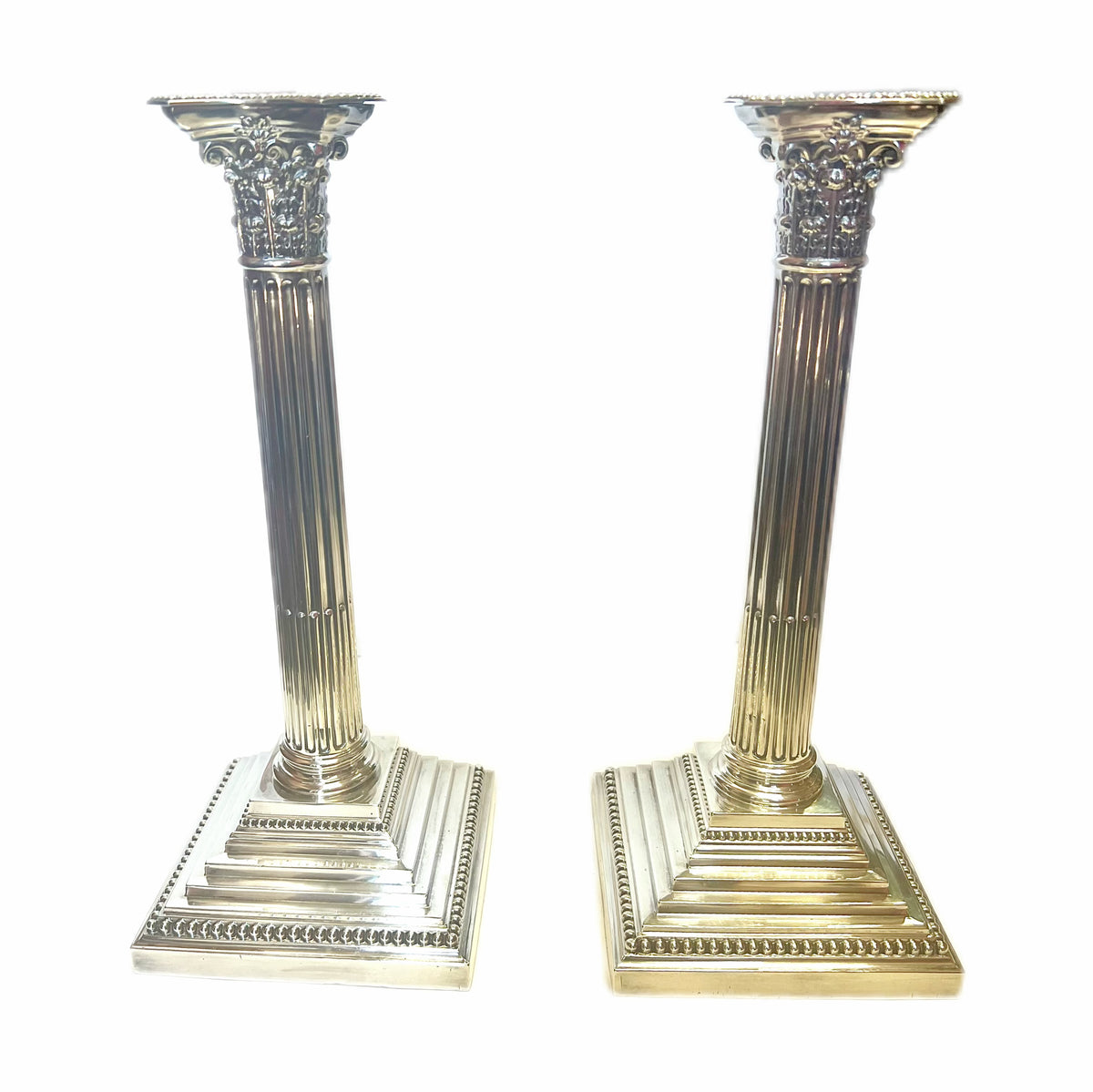 Pair of large antique Edwardian sterling silver Corinthian column candlesticks