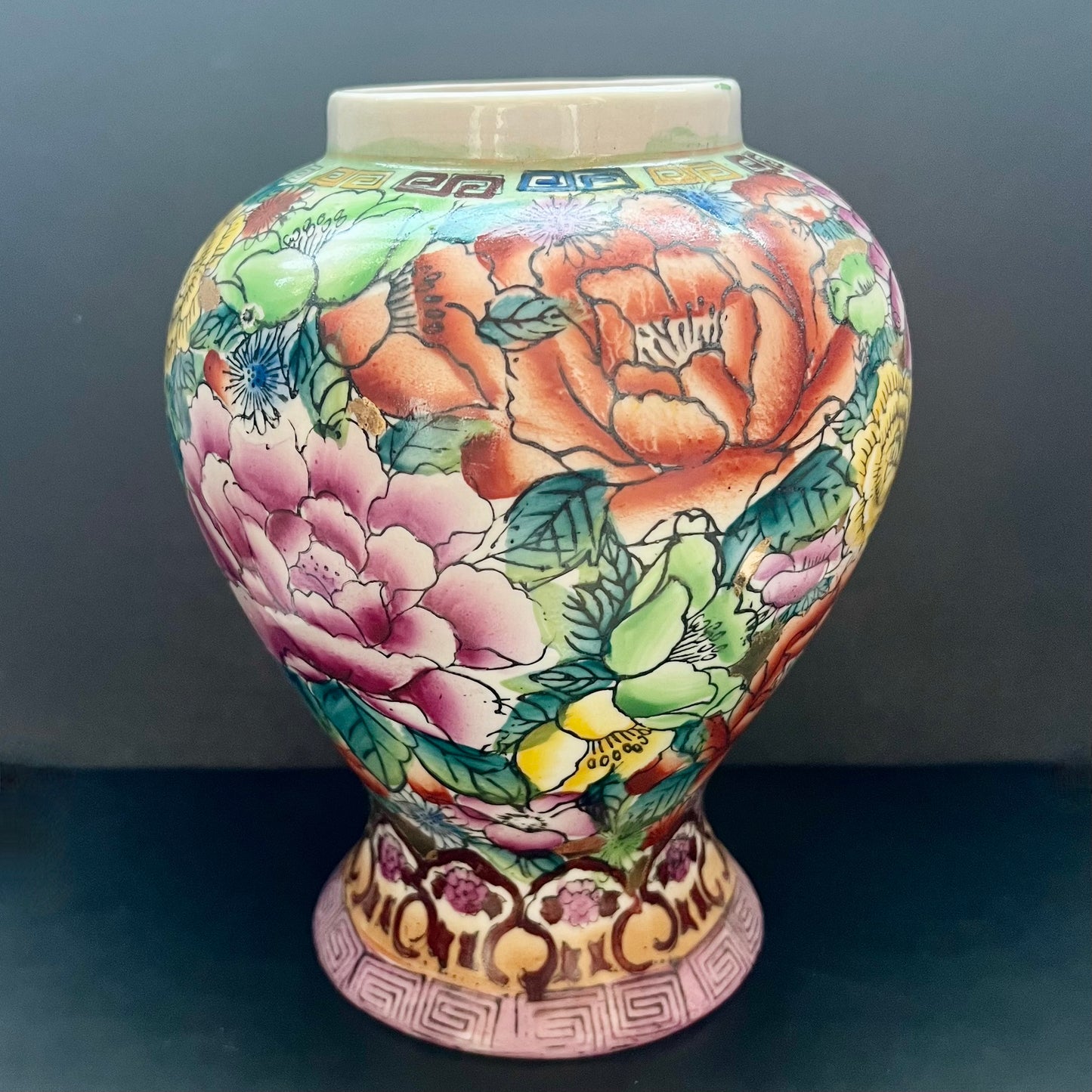 Vintage late 20th c. famille Hundred Flowers Chinese jar or vase, Jingdezhen with apocryphal Qianlong mark