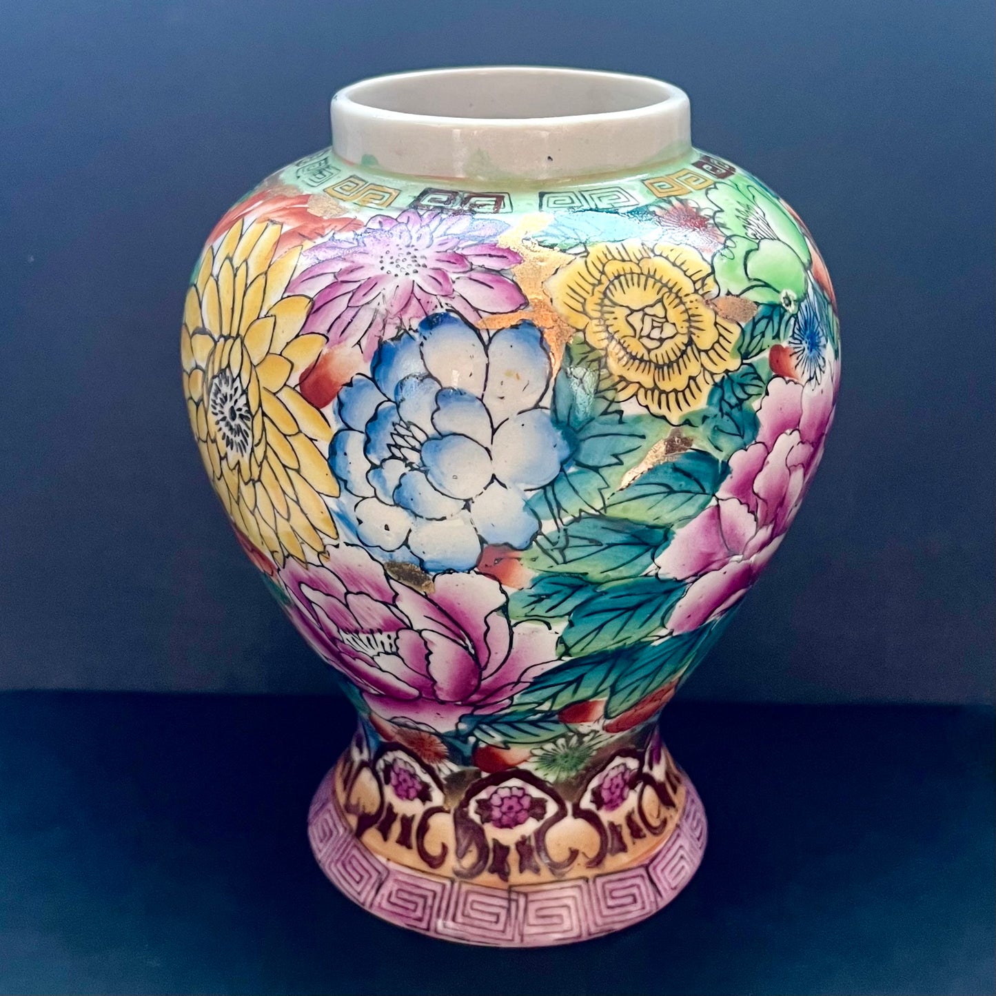 Vintage late 20th c. famille Hundred Flowers Chinese jar or vase, Jingdezhen with apocryphal Qianlong mark