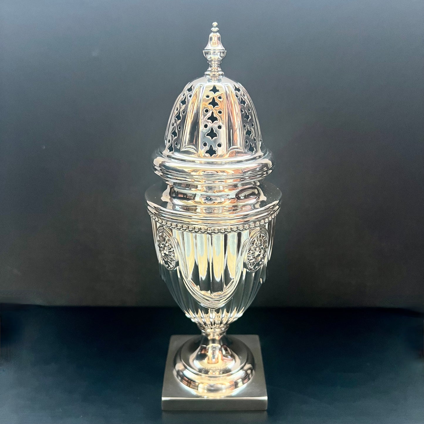 Late Victorian sterling silver sugar caster or muffineer, London 1896 , Hawksworth, Eyre & Co Ltd.