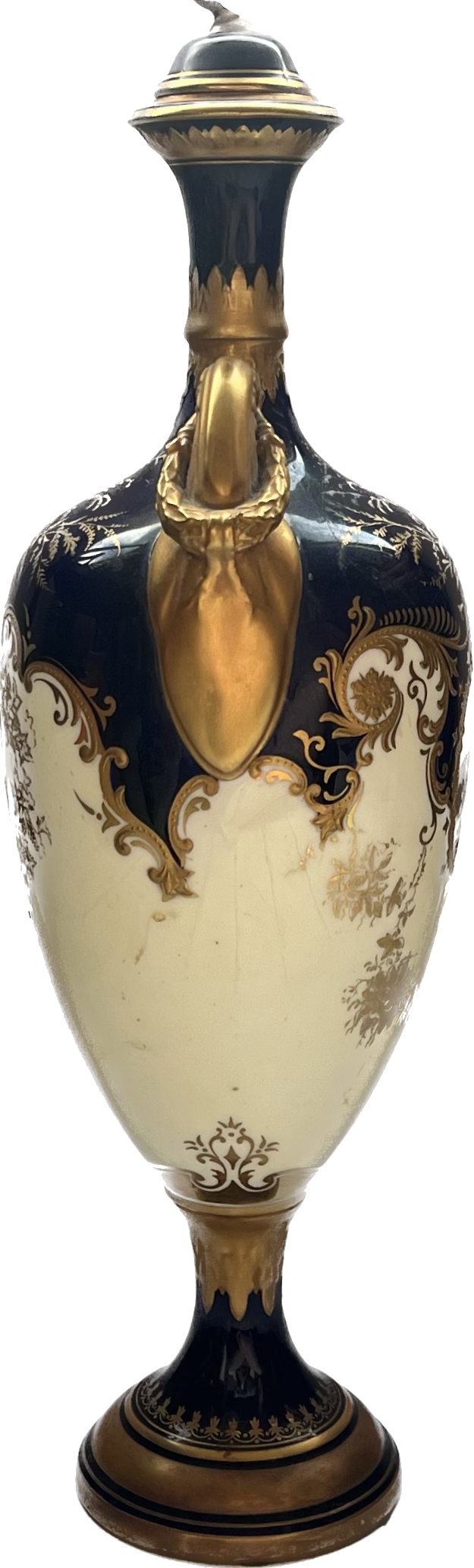 Late 19th century antique English lidded Coalport cobalt and gilt porcelain urn