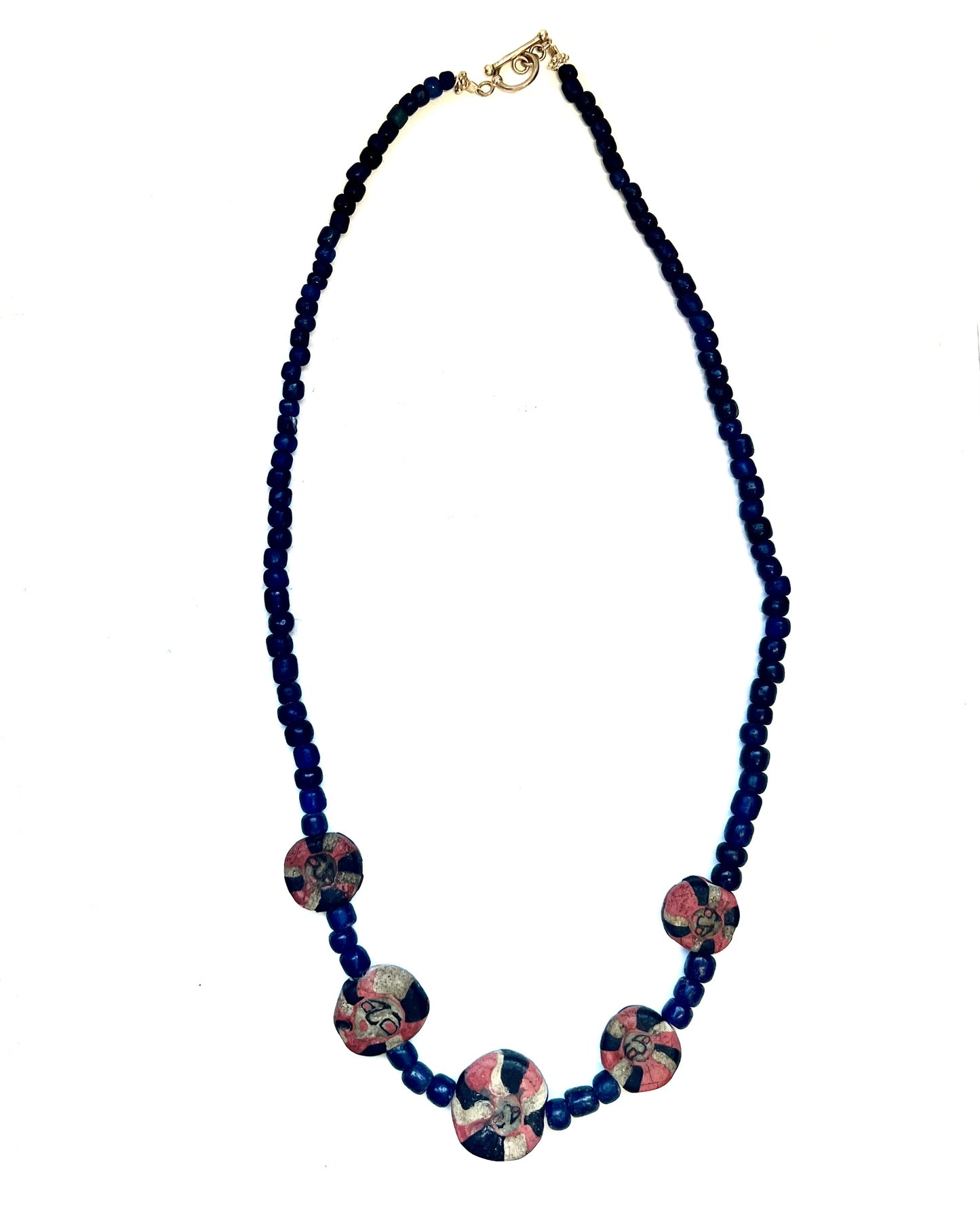 Ancient to Antique Javanese Trade Bead Necklace with Red and White Mosaic Beads and Indo-Pacific Trade Beads circa 10th to 14th century w Sterling Silver