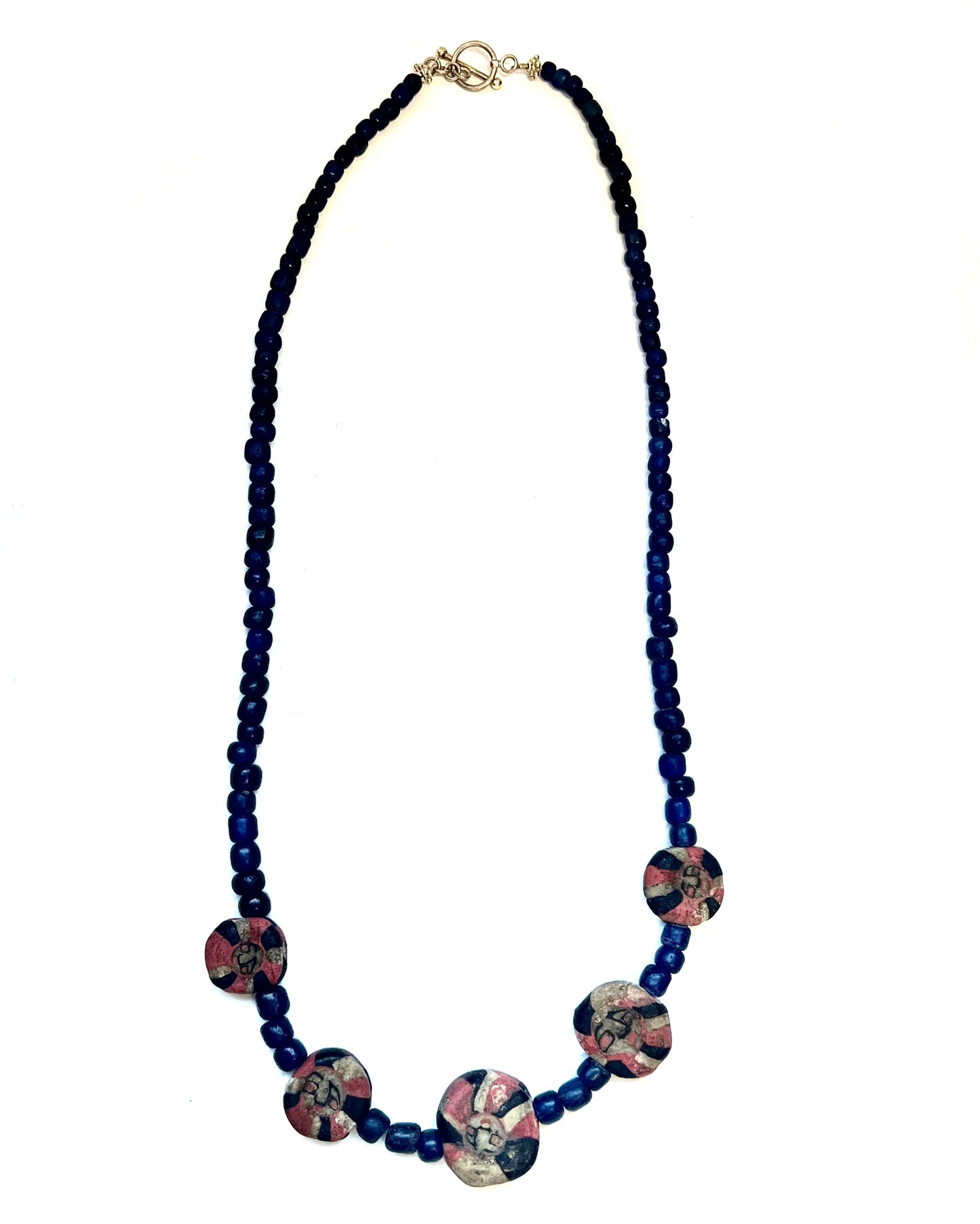 Ancient to Antique Javanese Trade Bead Necklace with Red and White Mosaic Beads and Indo-Pacific Trade Beads circa 10th to 14th century w Sterling Silver