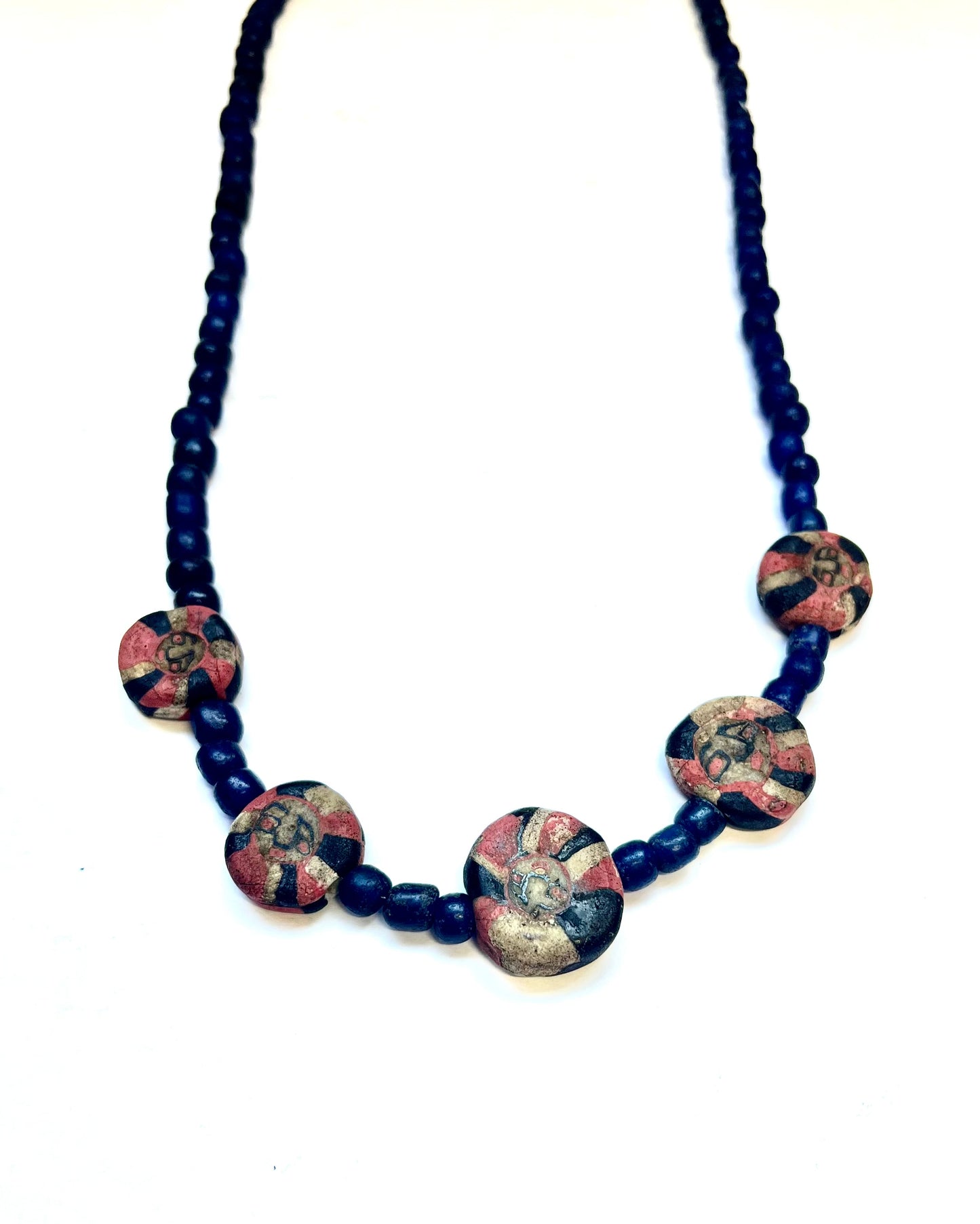 Ancient to Antique Javanese Trade Bead Necklace with Red and White Mosaic Beads and Indo-Pacific Trade Beads circa 10th to 14th century w Sterling Silver