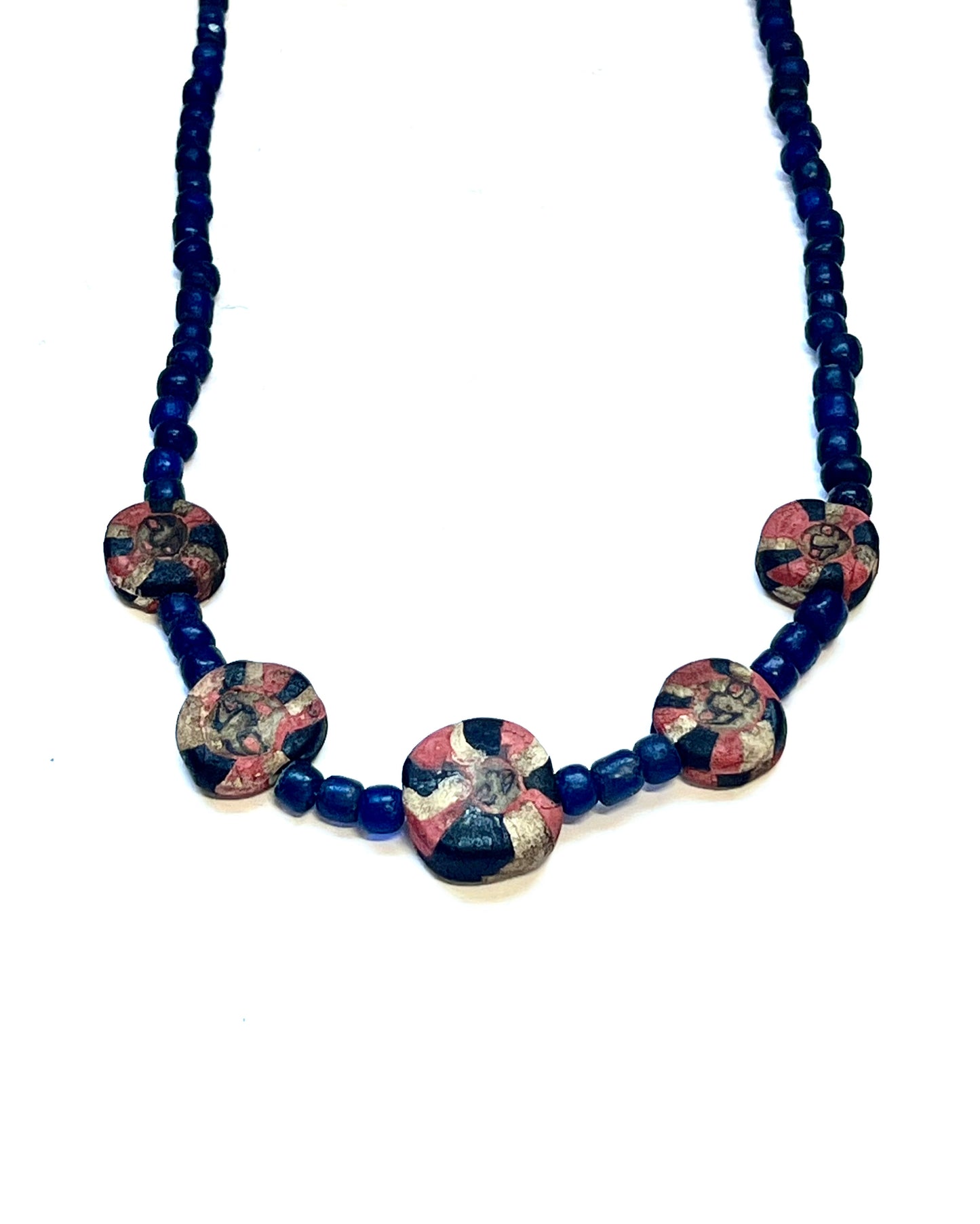 Ancient to Antique Javanese Trade Bead Necklace with Red and White Mosaic Beads and Indo-Pacific Trade Beads circa 10th to 14th century w Sterling Silver