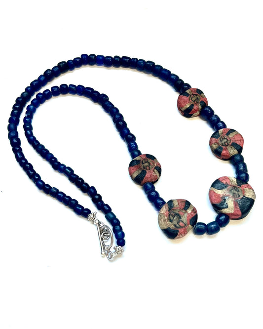 Ancient to Antique Javanese Trade Bead Necklace with Red and White Mosaic Beads and Indo-Pacific Trade Beads circa 10th to 14th century w Sterling Silver