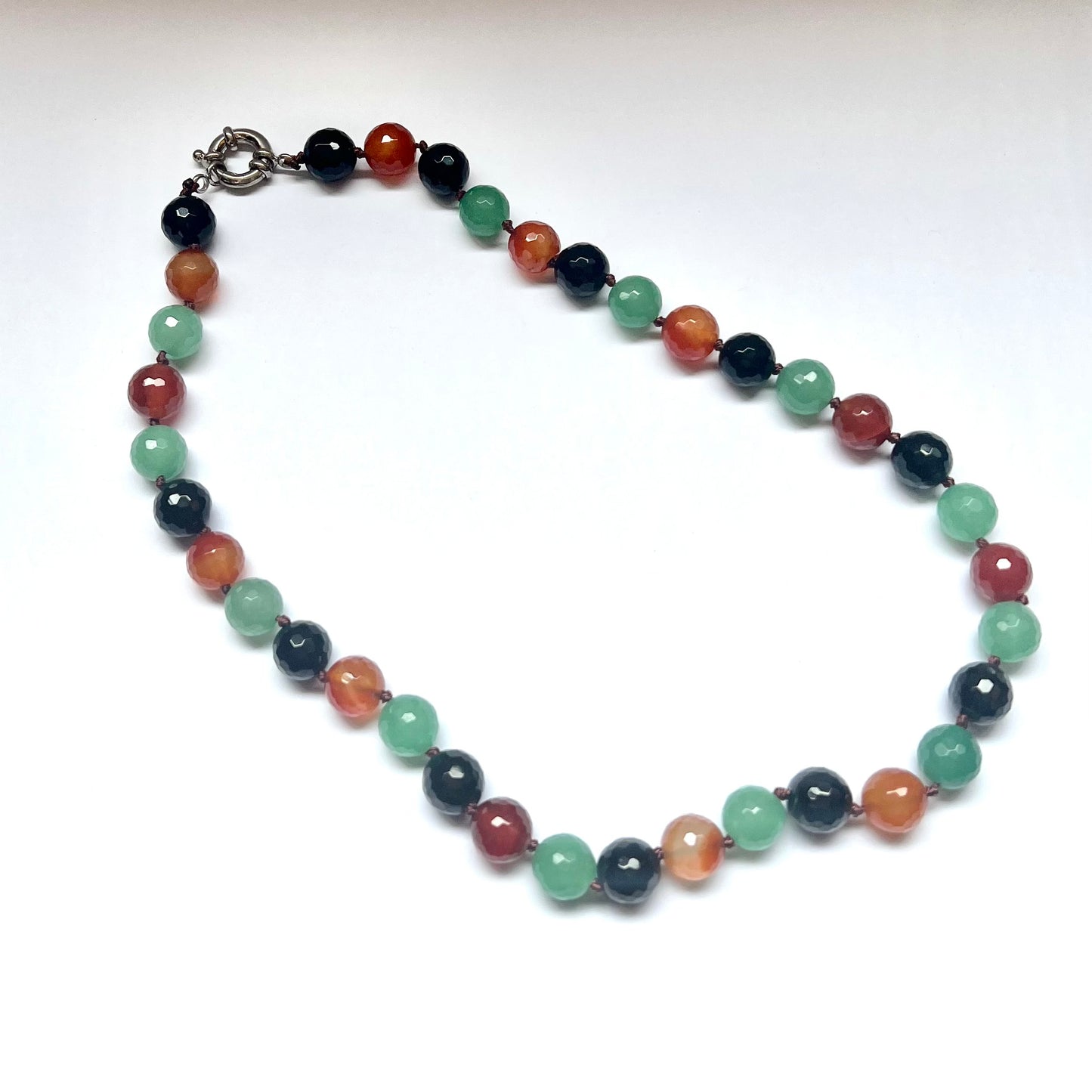 Vintage hand-knotted necklace strand of assorted quartz beads, Art Deco colours