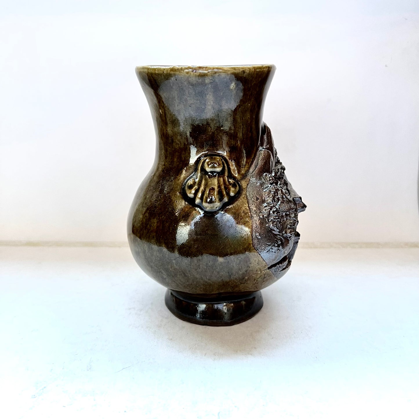 Antique "Banko Ware" Japanese Earthenware Vase w Pagoda Motif, Miyajima Pottery