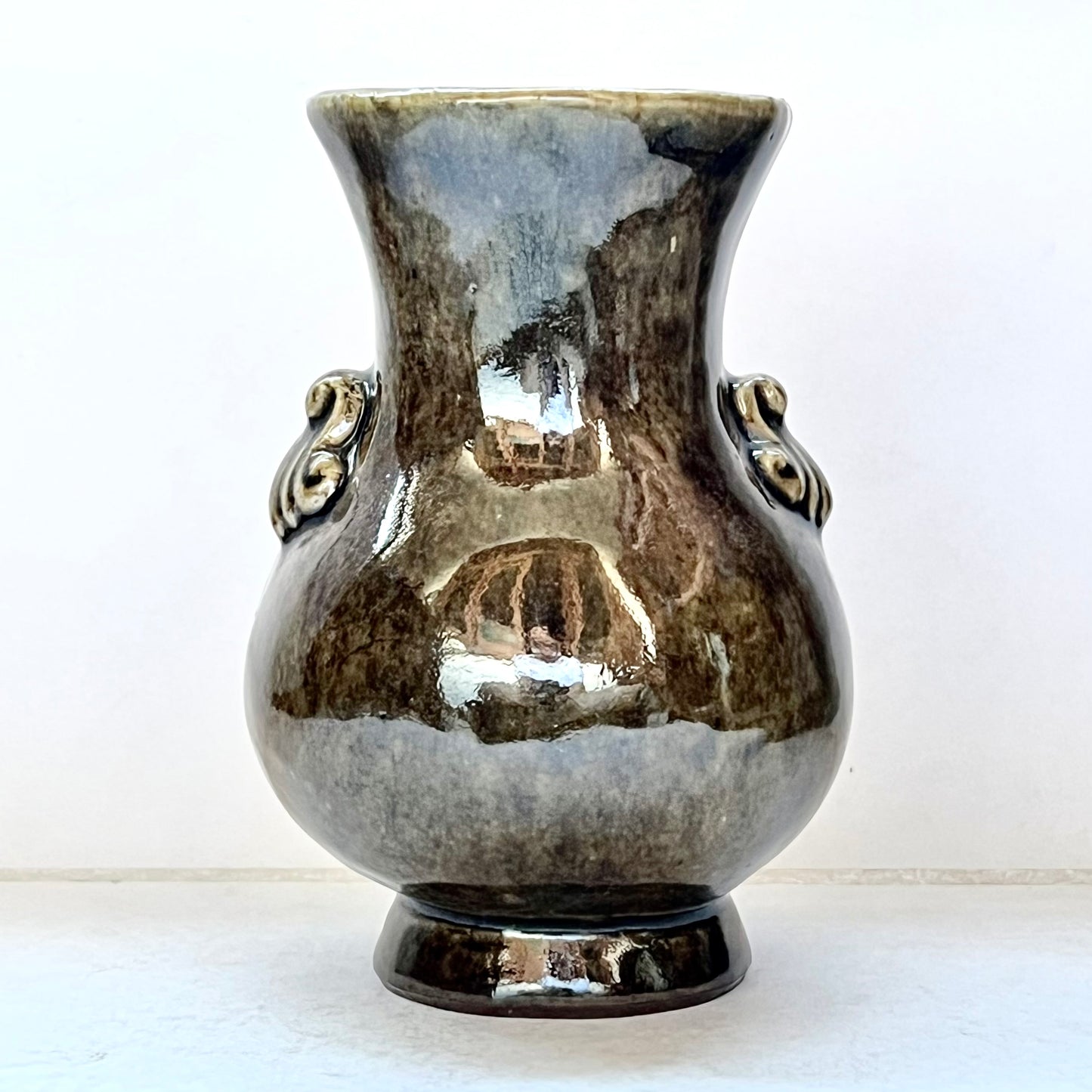 Antique "Banko Ware" Japanese Earthenware Vase w Pagoda Motif, Miyajima Pottery