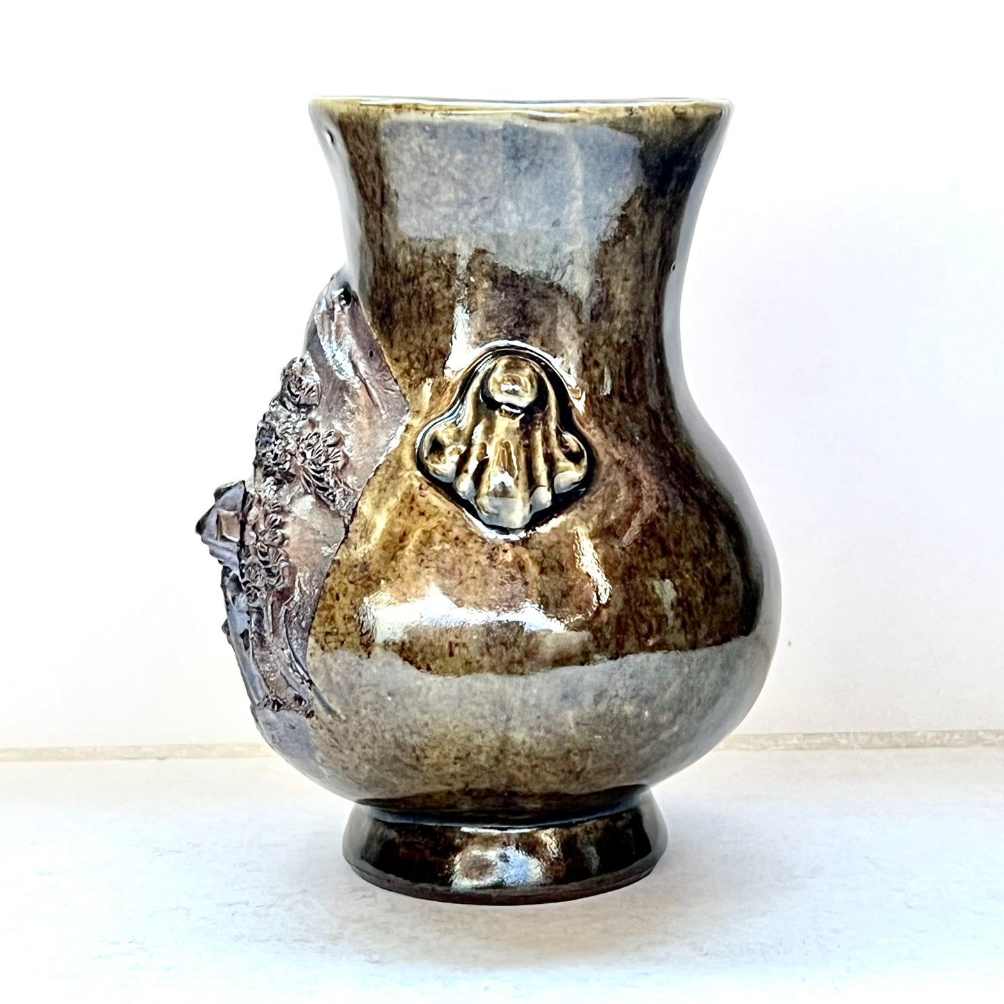 Antique "Banko Ware" Japanese Earthenware Vase w Pagoda Motif, Miyajima Pottery