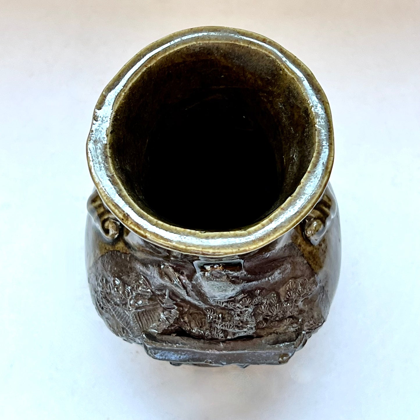 Antique "Banko Ware" Japanese Earthenware Vase w Pagoda Motif, Miyajima Pottery