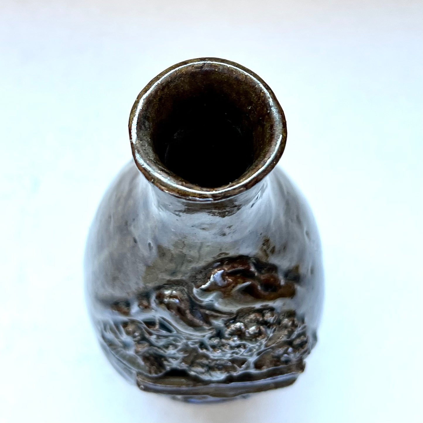 Antique "Banko Ware" Japanese Earthenware Sake Decanter or Vase w Pagoda Motif, Itsukushima Shrine Kiln, Miyajima Pottery