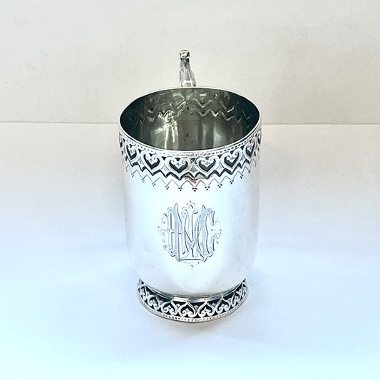 Antique Late Victorian Aesthetic Movement Sterling Silver Christening Cup, John Kilpatrick, London, 1877.