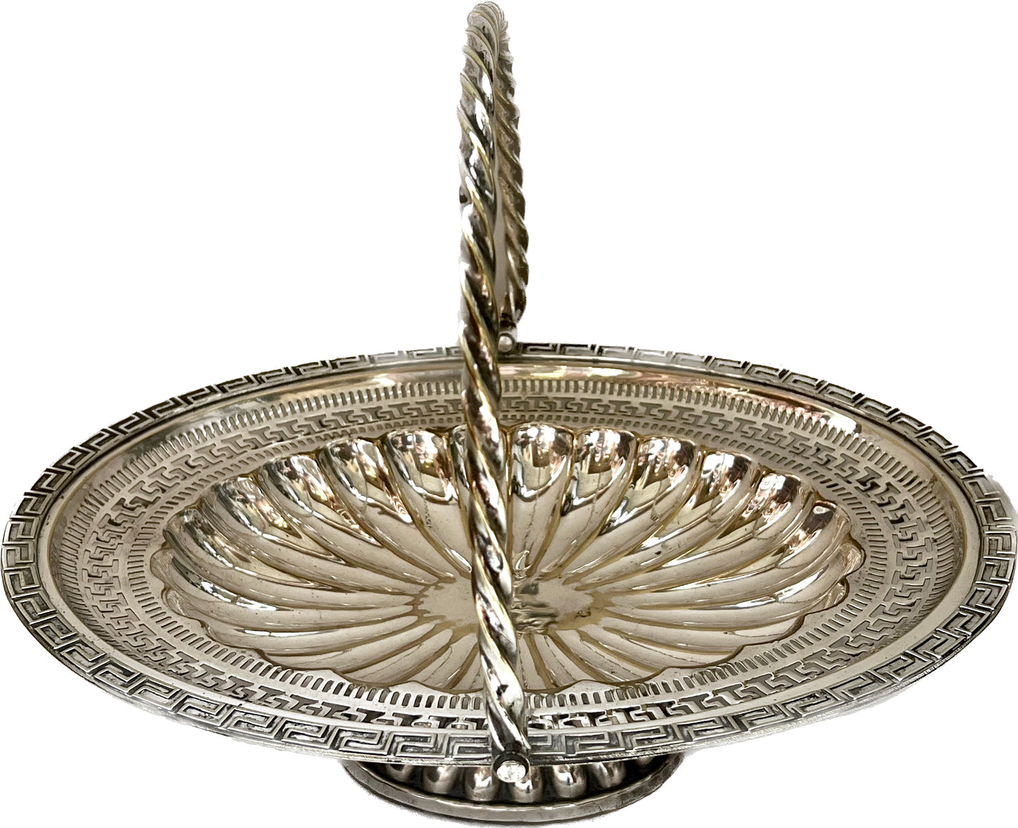 Antique Victorian Silver-Plated Basket with Rope Twist Handle and Double Greek Key Borders