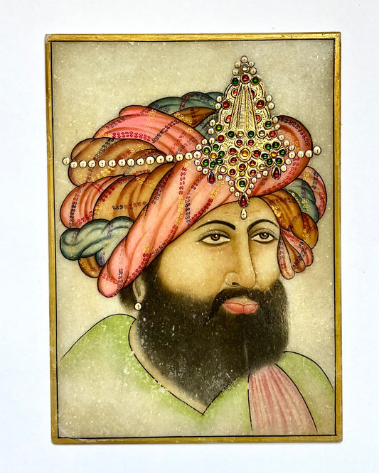 Vintage Indian Mughal style hand-painted portrait of a maharajah on stone, marble composite
