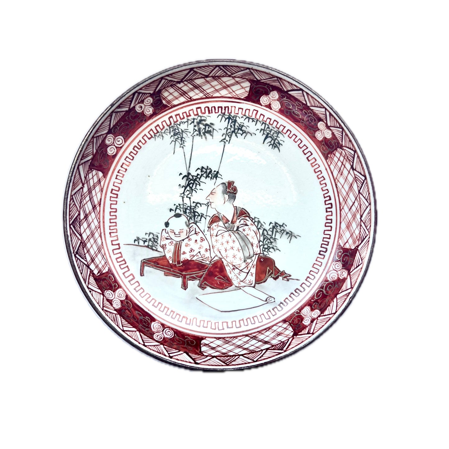 Platos antiguos japoneses Kutani pintados a mano, circa 1930, del período Showa anterior a la guerra.