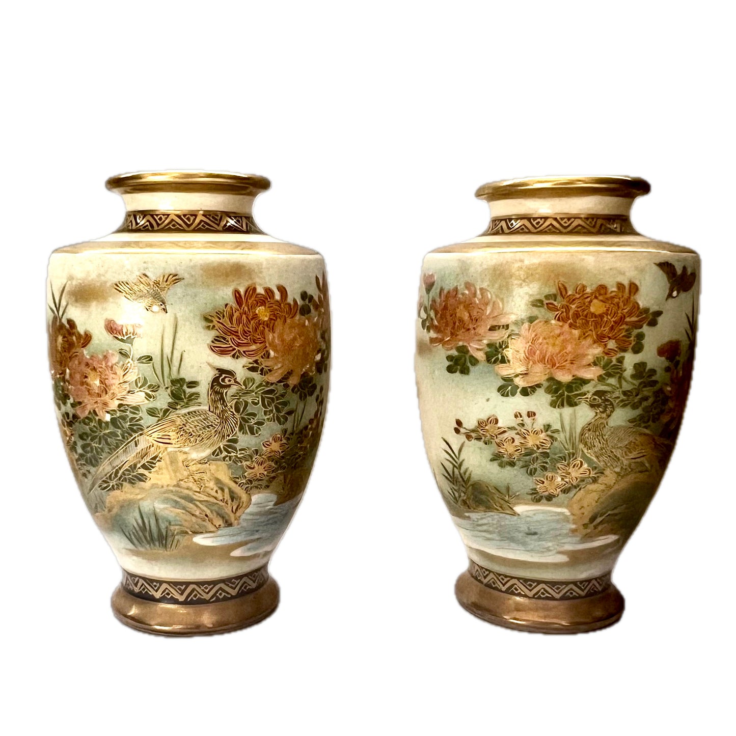 Pair of antique Satsuma porcelain vases circa Meiji period, mid to late 19th century