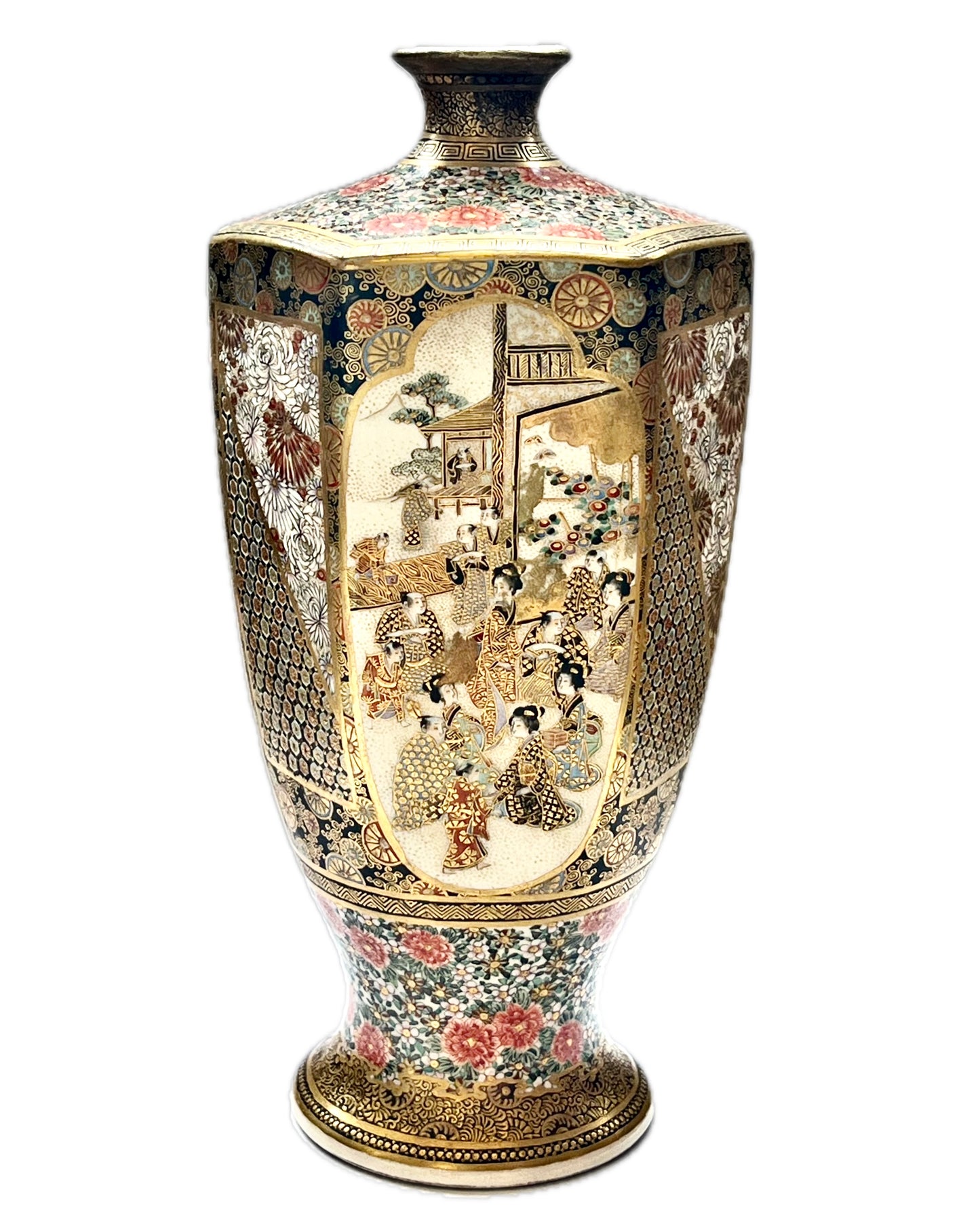 Antique Japanese Meiji period Satsuma hexagonal vase by Kozan circa mid to late 19th century (1860s to 1890s)