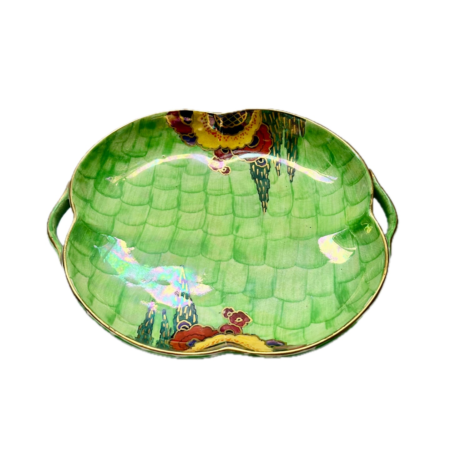 Green Crown Devon Art Deco Luster fish scale and floral patterned twin-handled plate, Rare