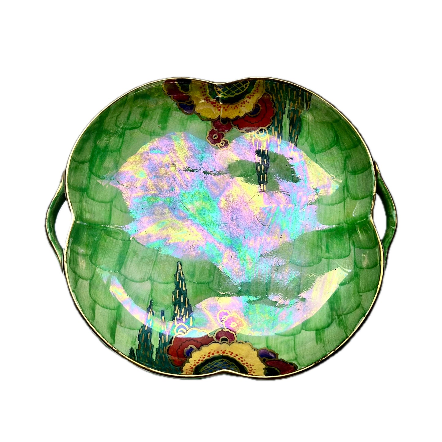 Green Crown Devon Art Deco Luster fish scale and floral patterned twin-handled plate, Rare