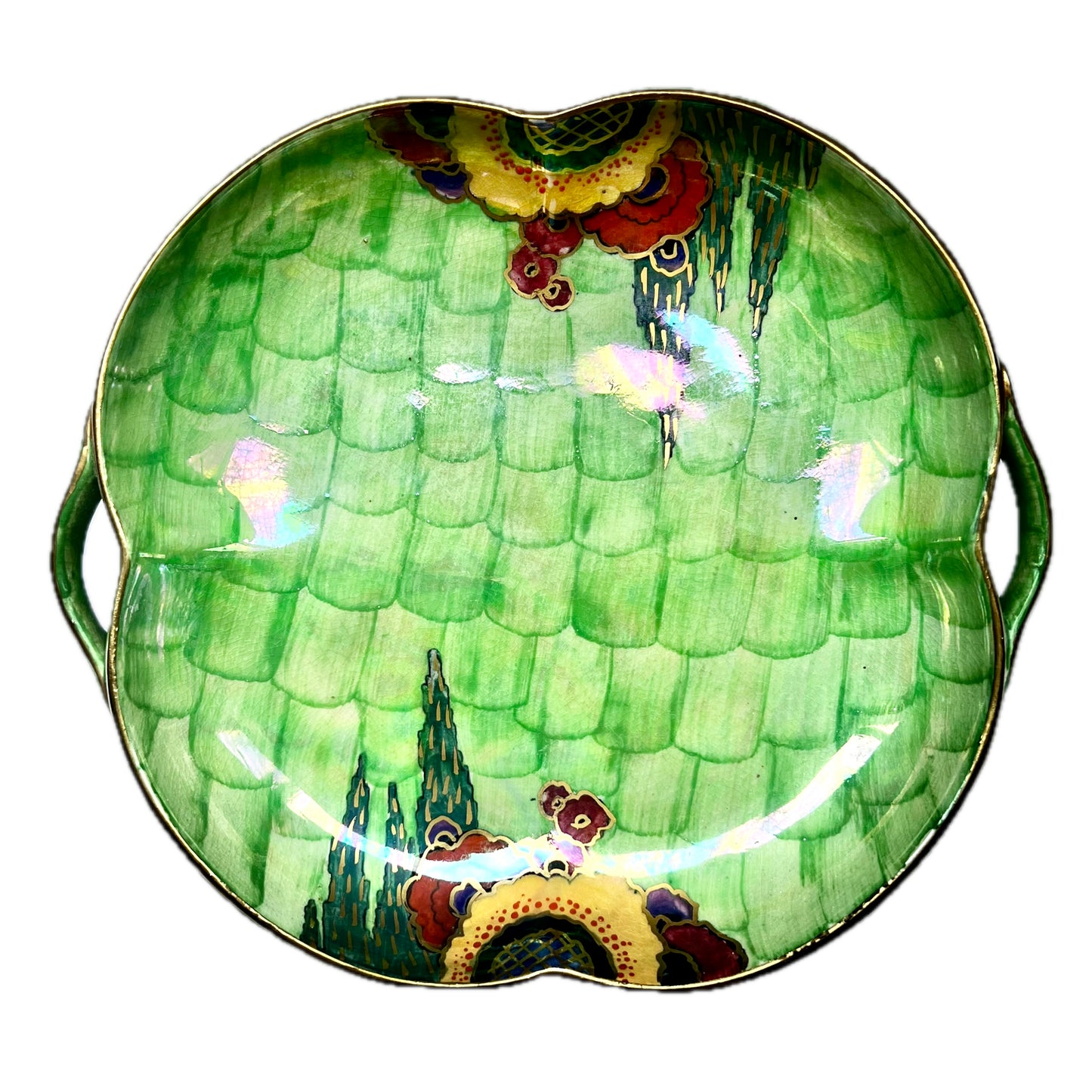 Green Crown Devon Art Deco Luster fish scale and floral patterned twin-handled plate, Rare