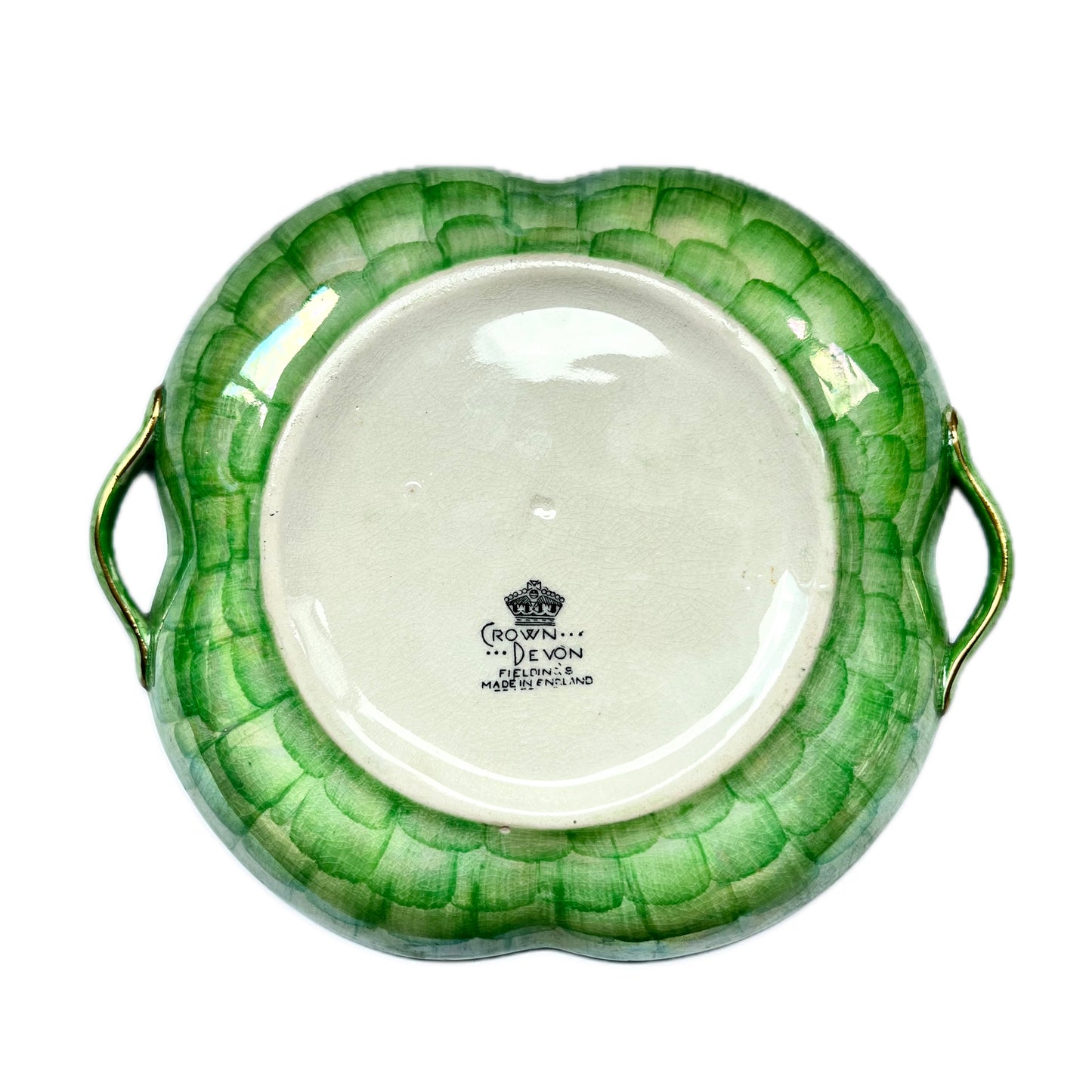 Plato con dos asas, estilo Art Déco Devon, con escamas de pescado y estampado floral, de Green Crown, raro
