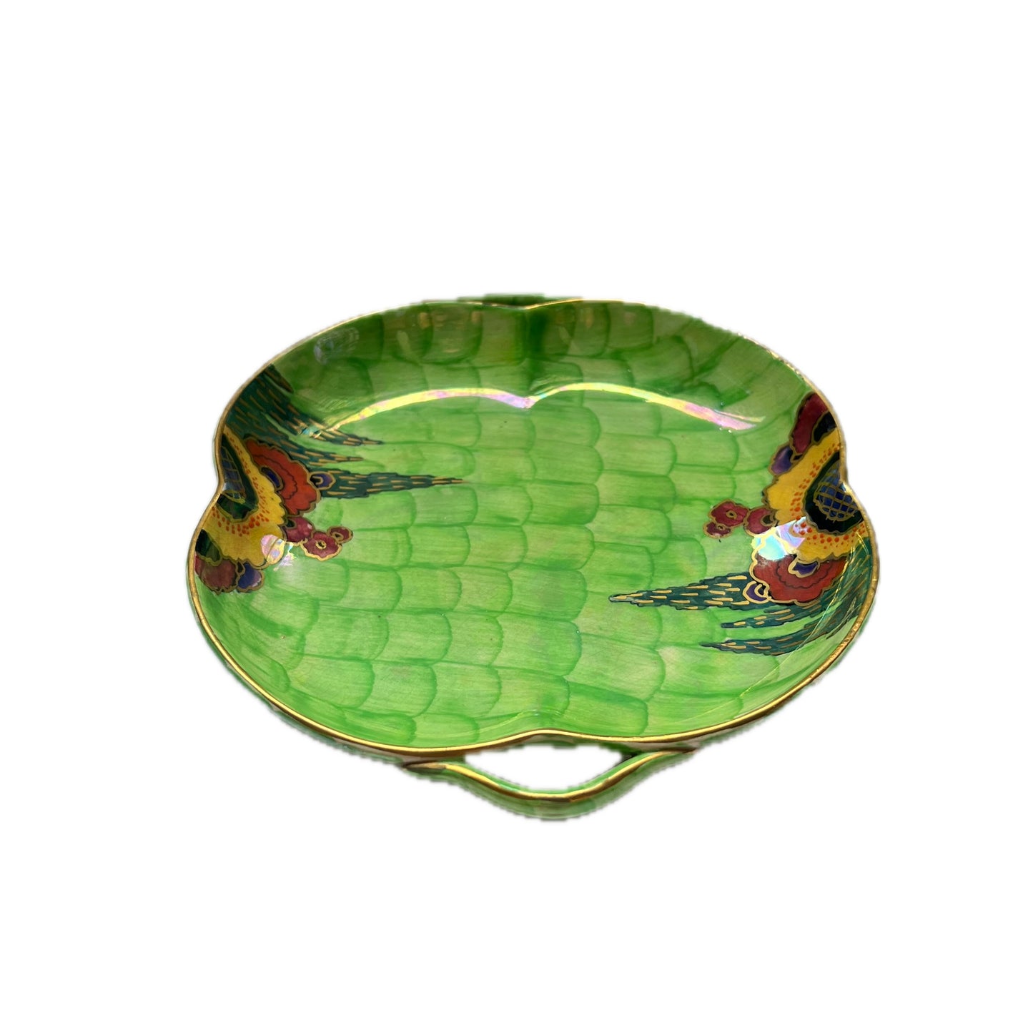 Green Crown Devon Art Deco Luster fish scale and floral patterned twin-handled plate, Rare