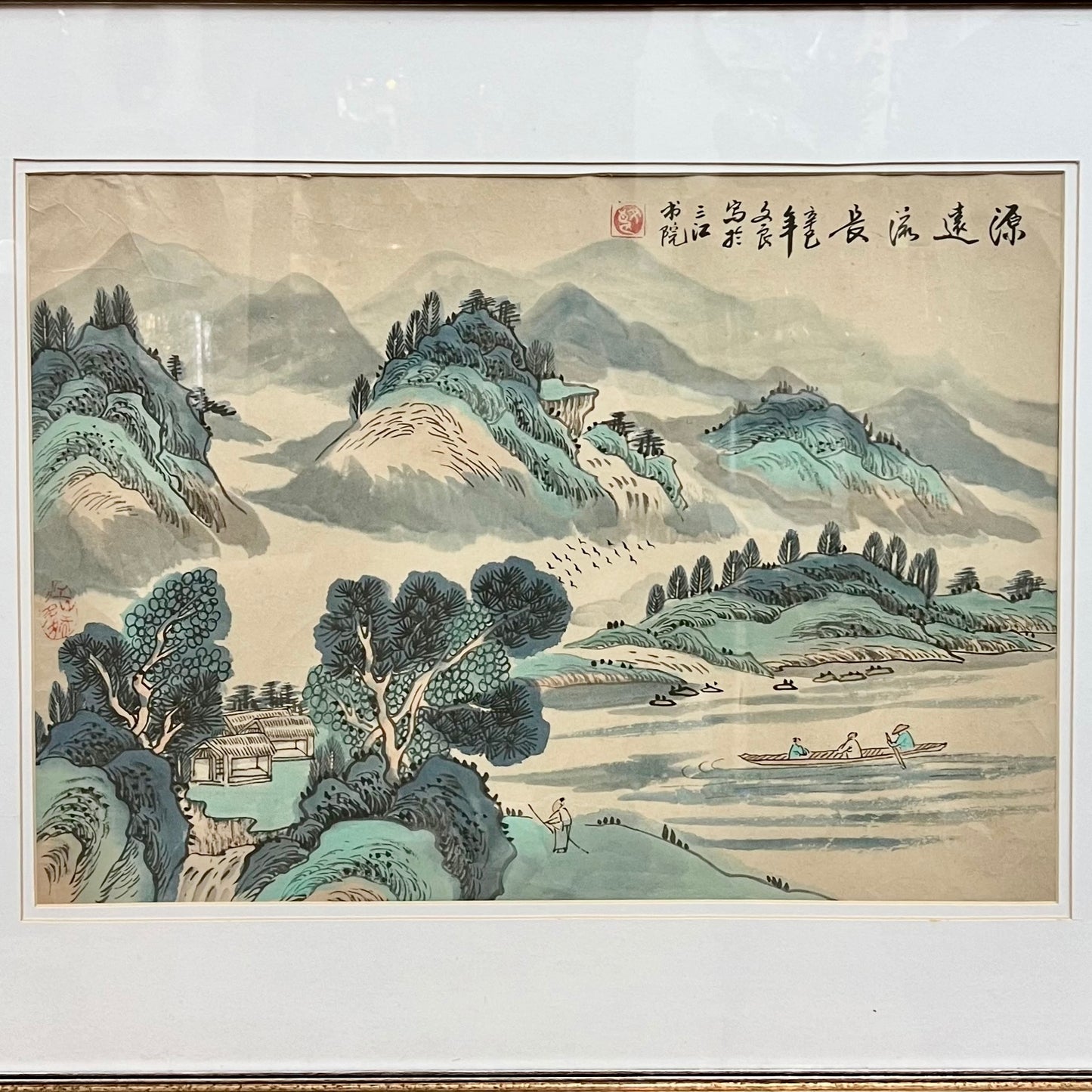 Hermoso paisaje académico en tinta y acuarela de gran tamaño del período de la República China, "El río corre profundo", década de 1940.
