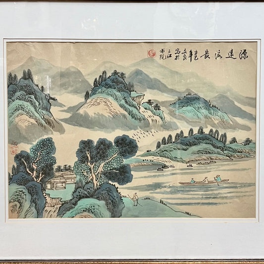 精美大型民国文人水墨水彩风景画,作者文良,《江水流深》,1940 年代