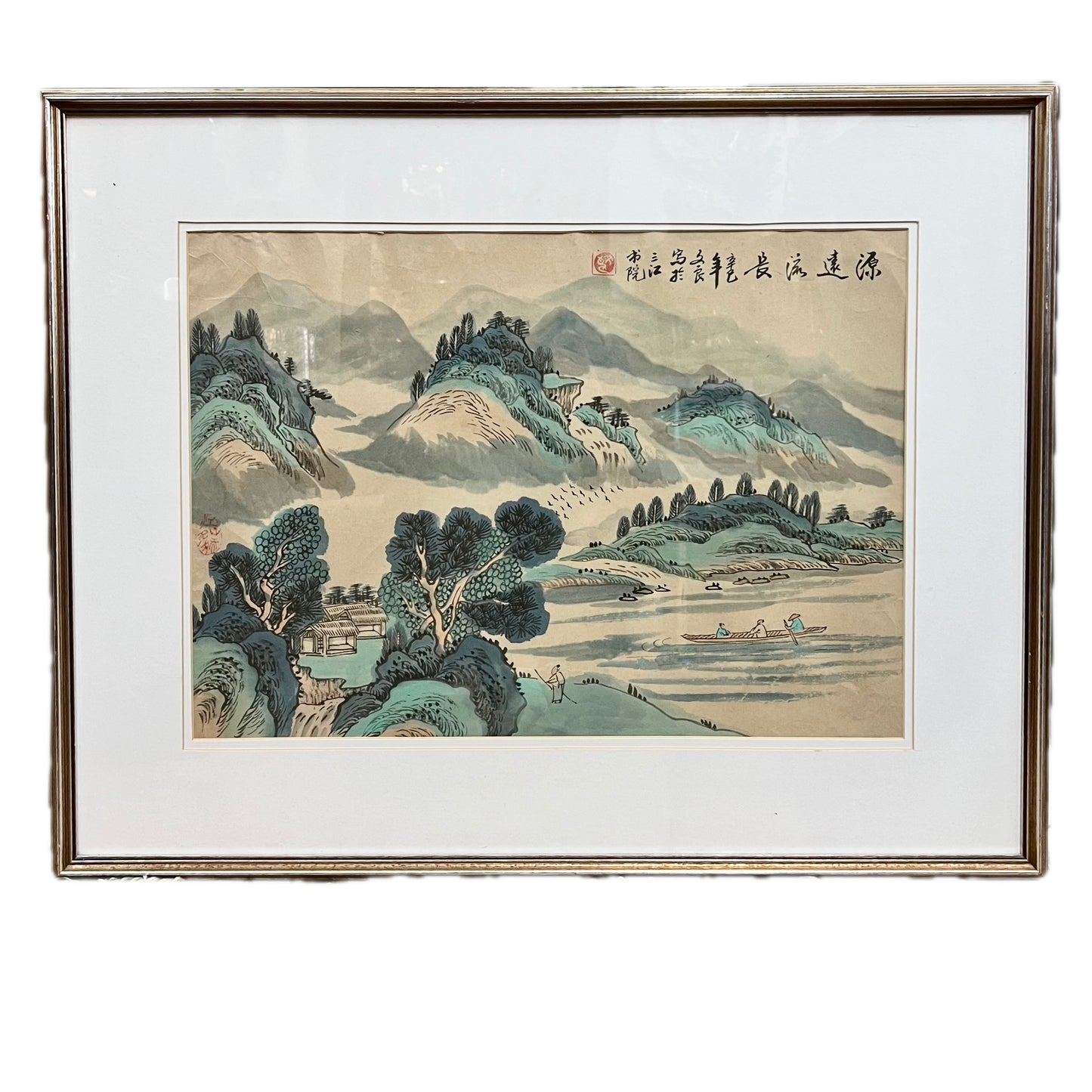 Hermoso paisaje académico en tinta y acuarela de gran tamaño del período de la República China, "El río corre profundo", década de 1940.