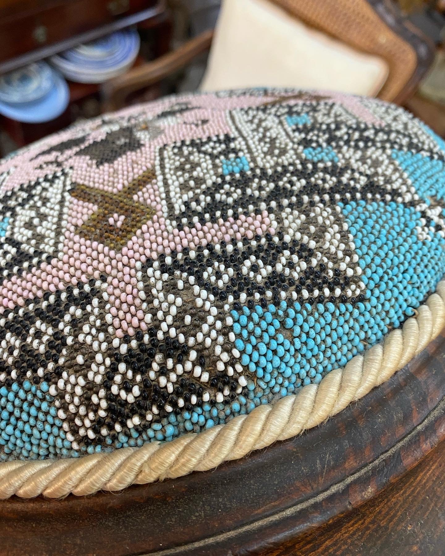 Round Pink and Blue Antique Beaded Footstool, English, Kneeling Stool, Victorian, Circa 1860