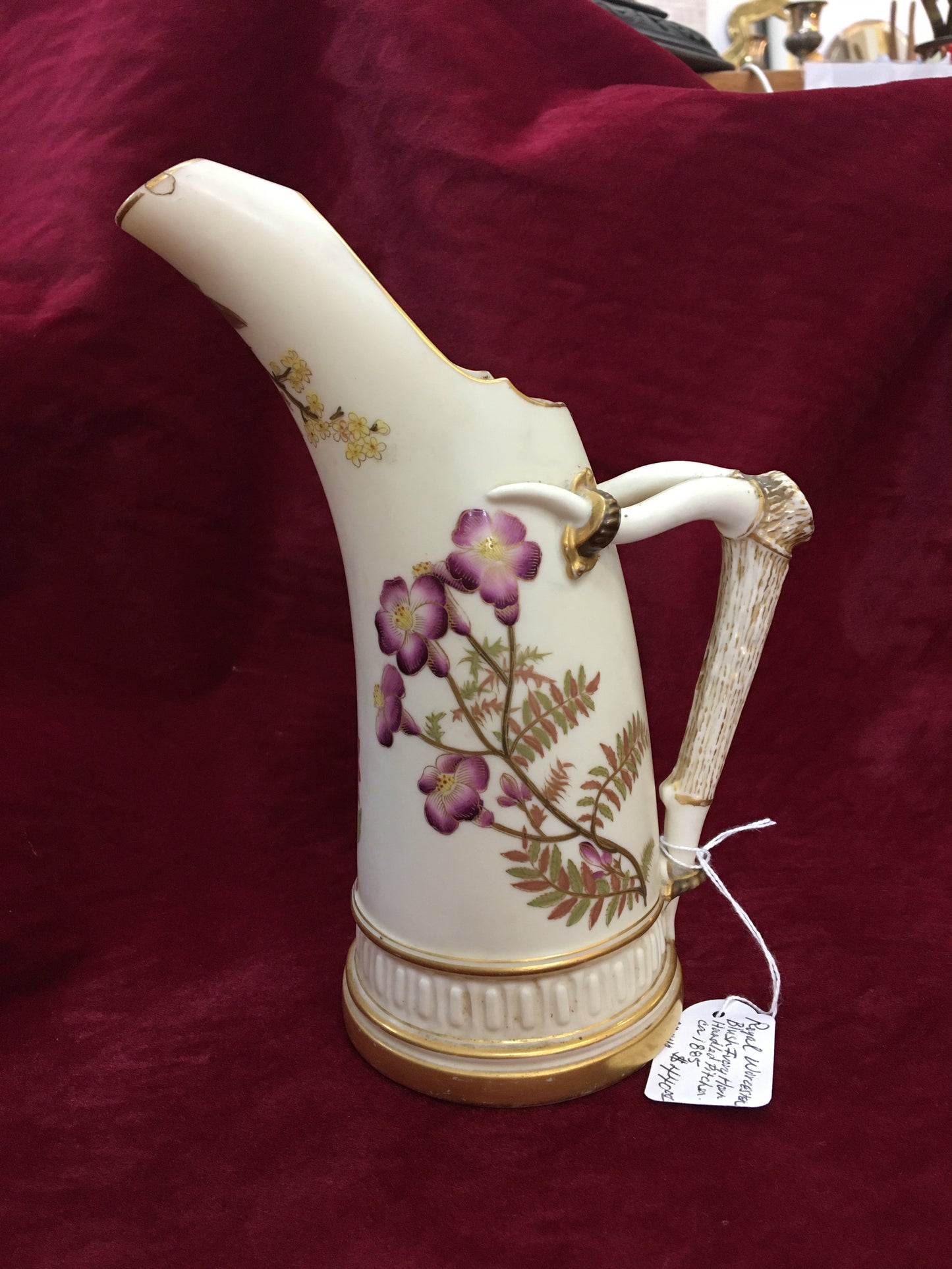 Art Nouveau Royal Worcester Blush Ivory Figural Horn Handled Pitcher