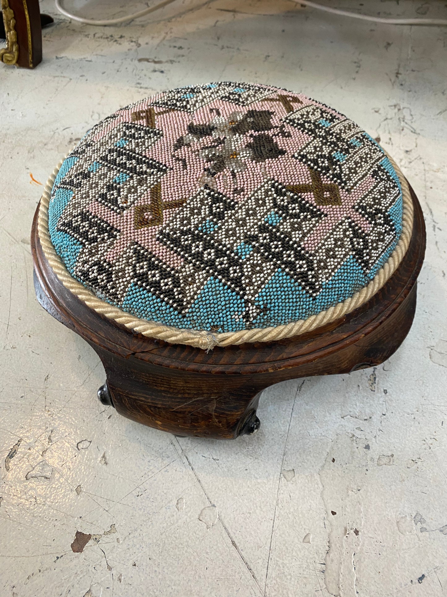 Round Pink and Blue Antique Beaded Footstool, English, Kneeling Stool, Victorian, Circa 1860