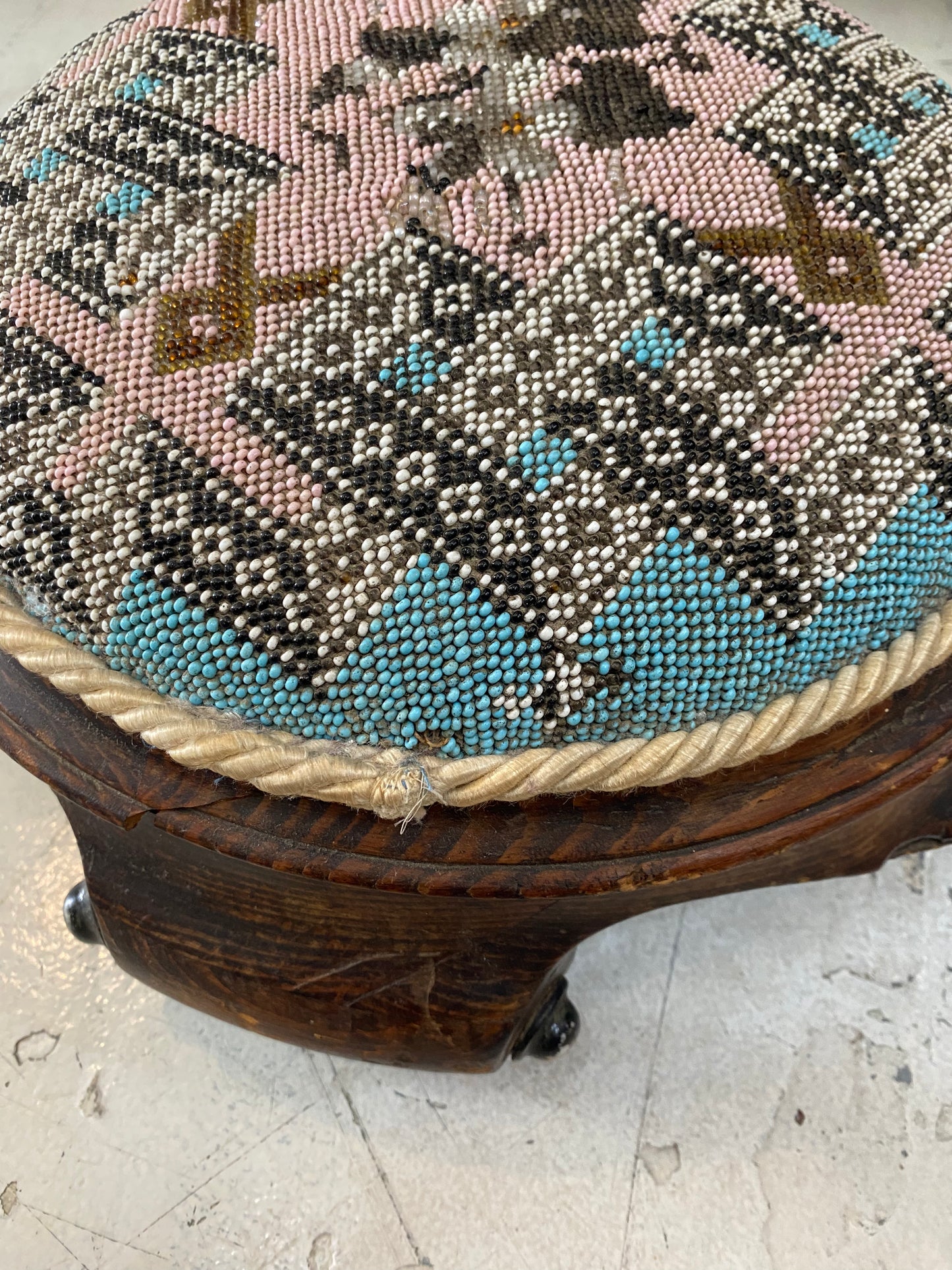 Round Pink and Blue Antique Beaded Footstool, English, Kneeling Stool, Victorian, Circa 1860