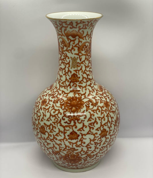 Late 19th c. Qing Vase with Copper-red Glaze, Hand painted Auspicious Designs.