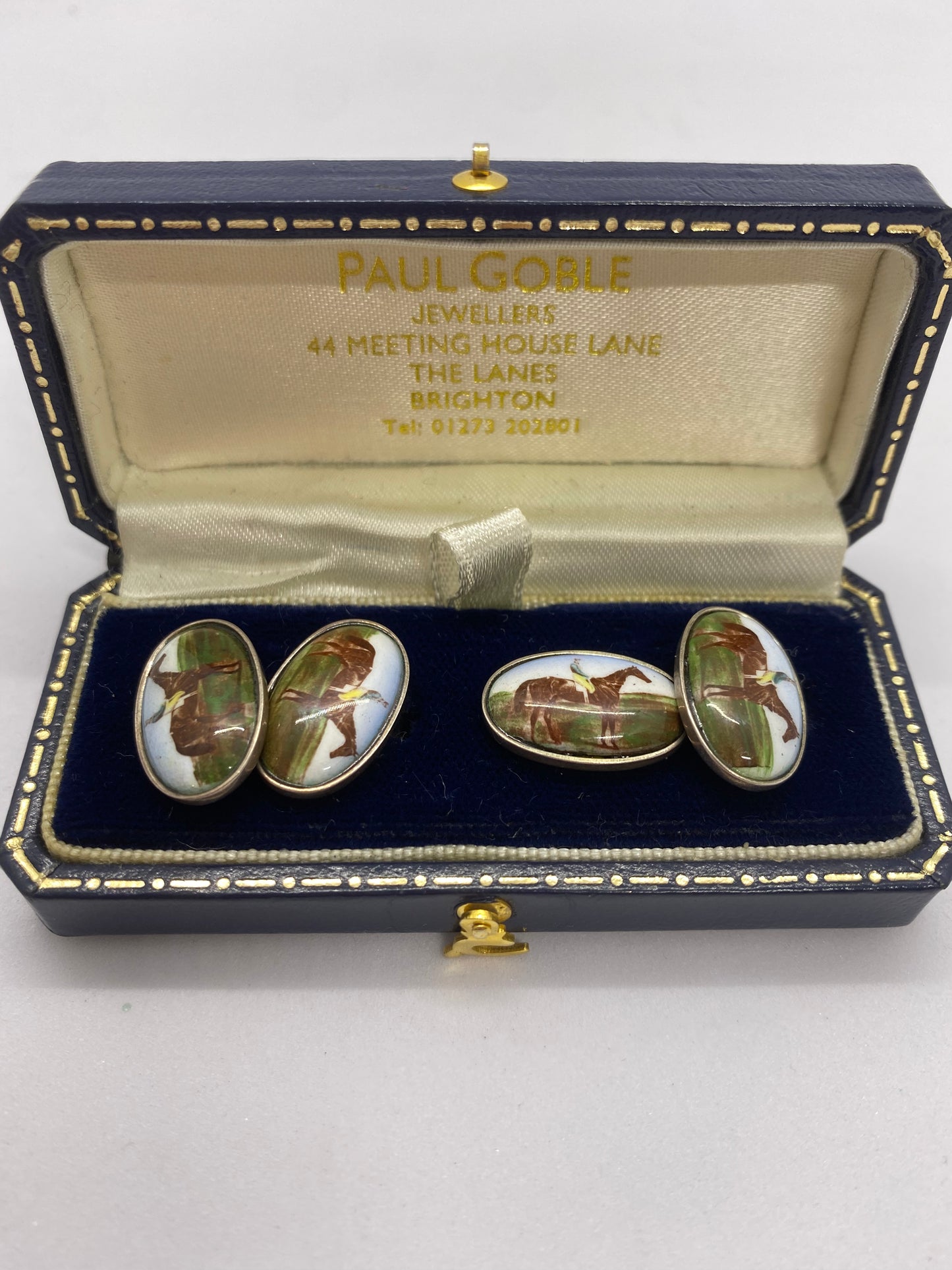 English Sterling Silver and Enamel Equestrian Scene Cufflinks ca. 1900-1950